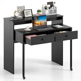 Costway - 39.5" Expandable Rolling Computer Desk with Monitor Shelf 2-tier Desktop 2 Drawers - Black