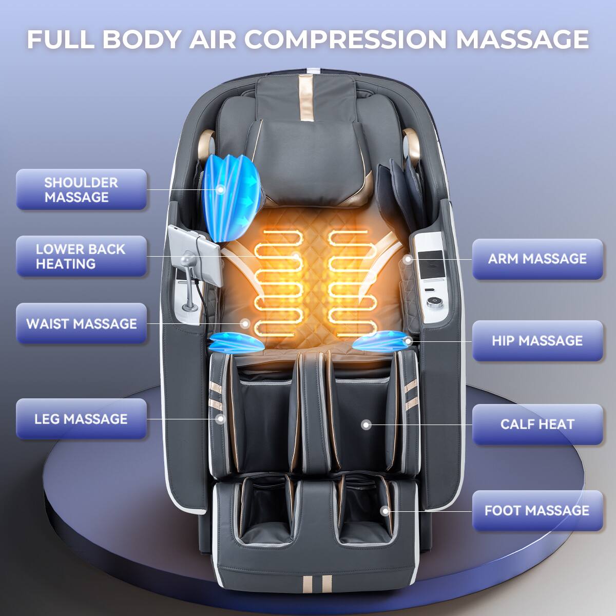 FULL BODY AIR COMPRESSION MASSAGE
SHOULDER MASSAGE
LOWER BACK HEATING
ARM MASSAGE
WAIST MASSAGE
HIP MASSAGE
LEG MASSAGE
CALF HEAT
FOOT MASSAGE