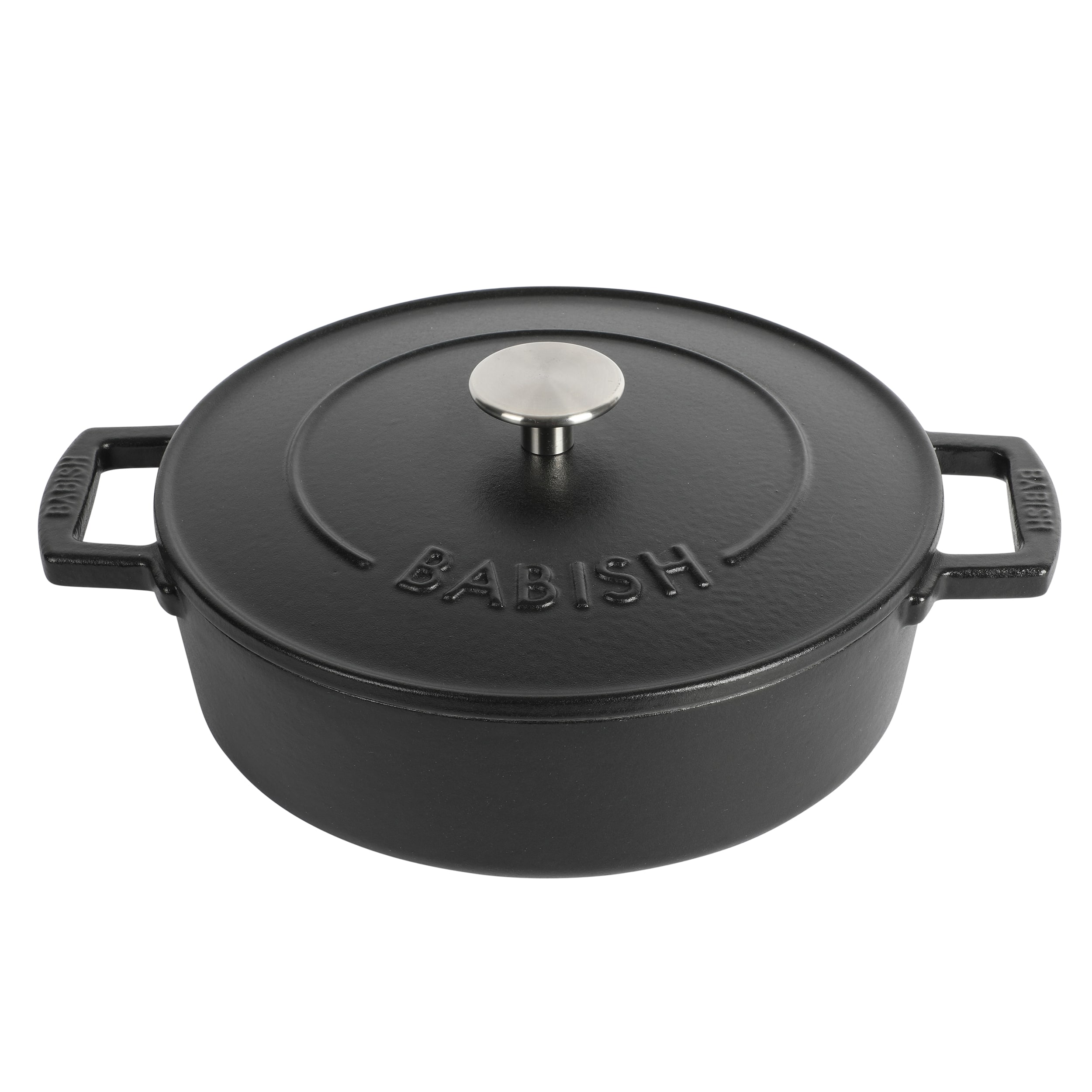 Babish - 3 Quart Round Enameled Cast Iron Braiser Pan with Self-Basting Lid - Black