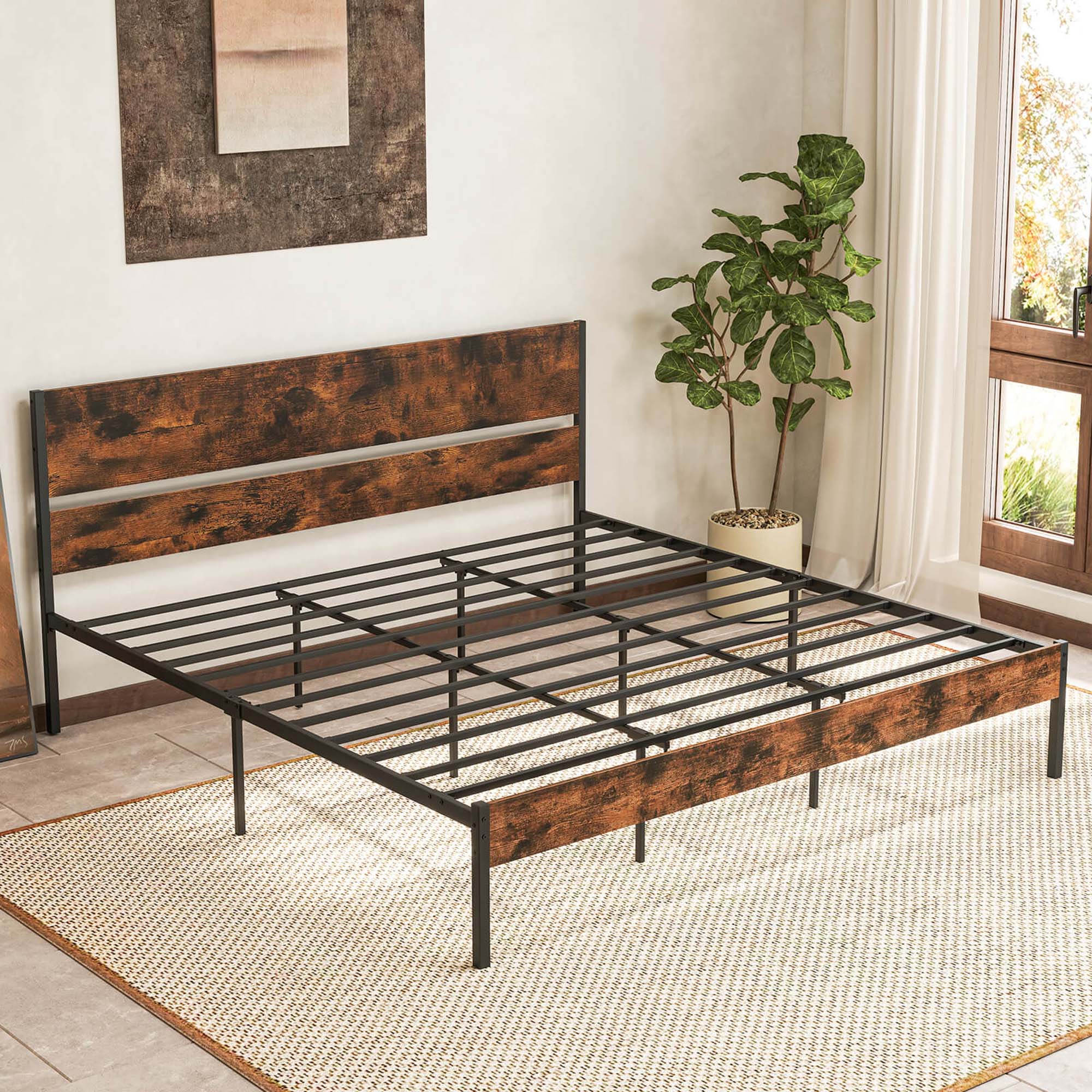 Alt View 4. Costway - Costway King Size Bed Frame with Wooden Headboard Under-Bed Storage No Box Spring Needed - Rustic Brown & Black.