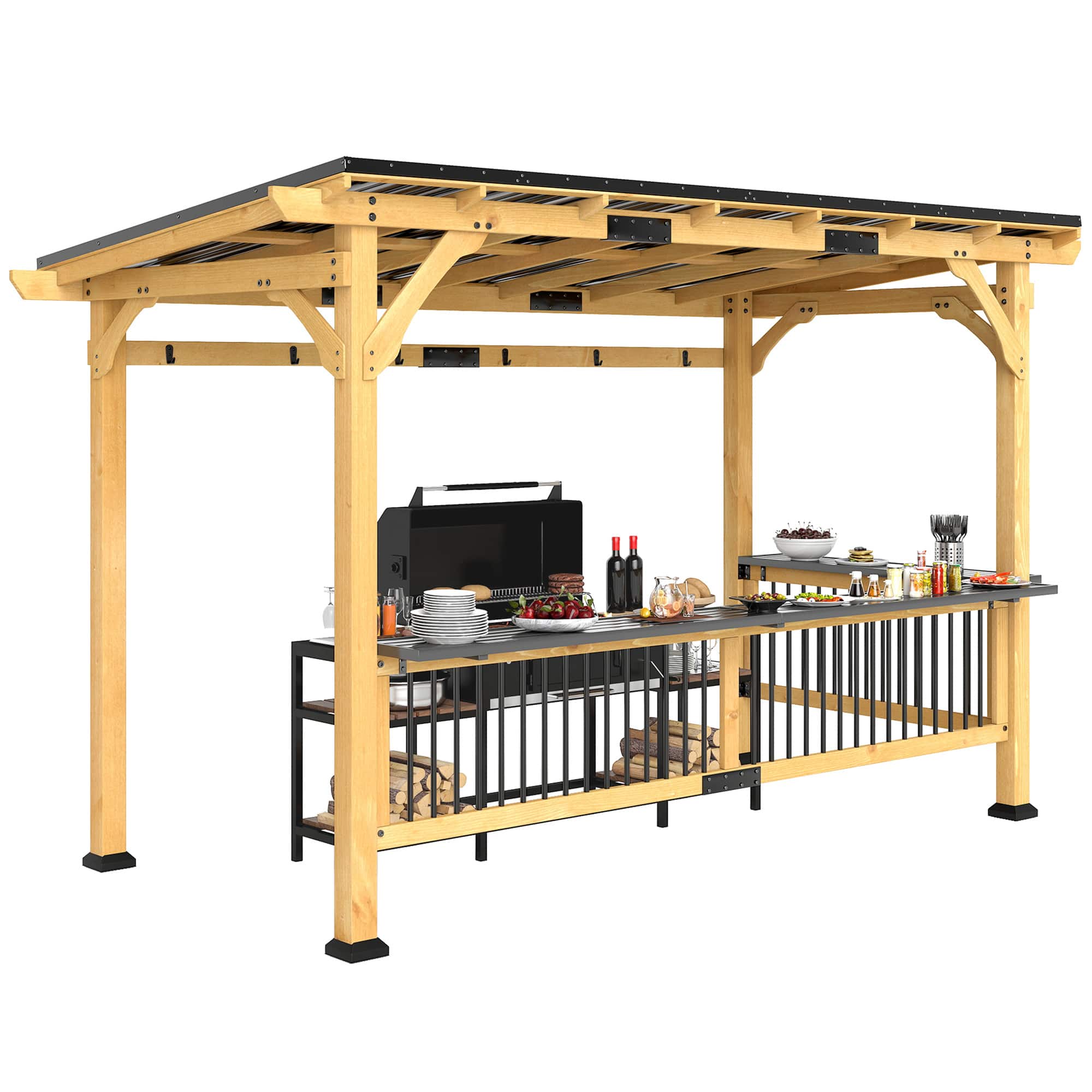 Outsunny 13' x 6' Wooden BBQ Grill Gazebo, Hardtop Grill Gazebo