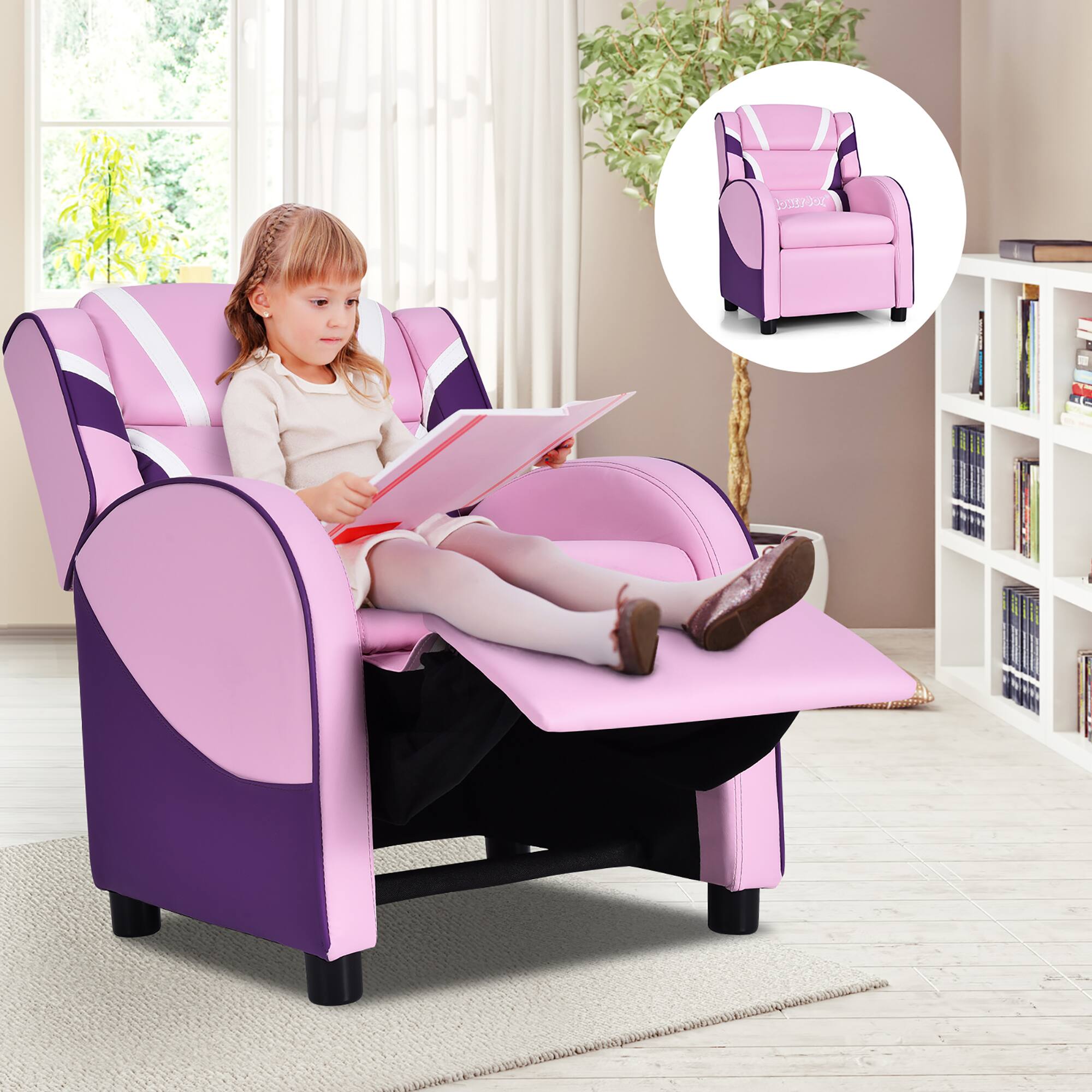Alt View 3. Costway - Kids Recliner Chair Gaming Sofa PU Leather Armchair w/Side Pockets Pink - Pink.