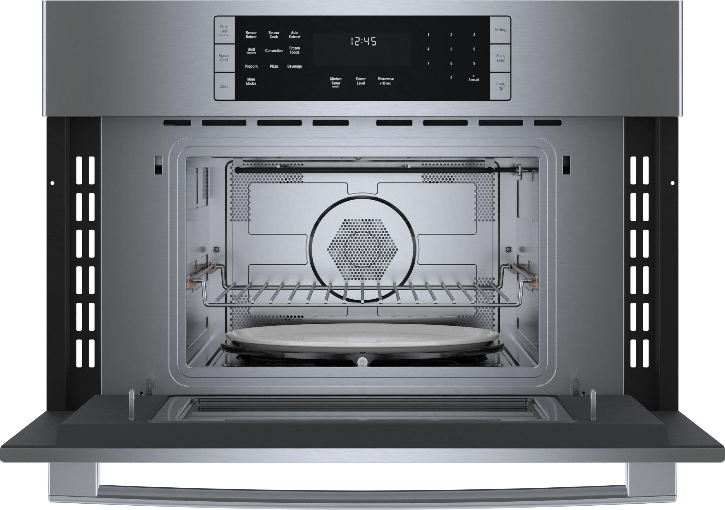 Sure, here is the corrected and grouped text from the image:
**Top Left Panel:**
- Panel Lock
- Unlock
**Top Center:**
- Speed Chef
**Top Right:**
- Clock
**Middle Left:**
- Sensor Reheat
- Sensor Cook
- Air Fresh
- Frozen Foods
- Popcorn
- Pizza
- Beverage
**Middle Center:**
- Kitchen Timer
- Power Level
- Microwave + 30 sec
**Middle Right:**
- 1 2 3 4 5 6 7 8 9 0
- Reset
**Bottom Left:**
- Settings
**Bottom Center:**
- Start/Enter
- Clear/Off
**Bottom Right:**
- More Modes
- Less
- Cheer