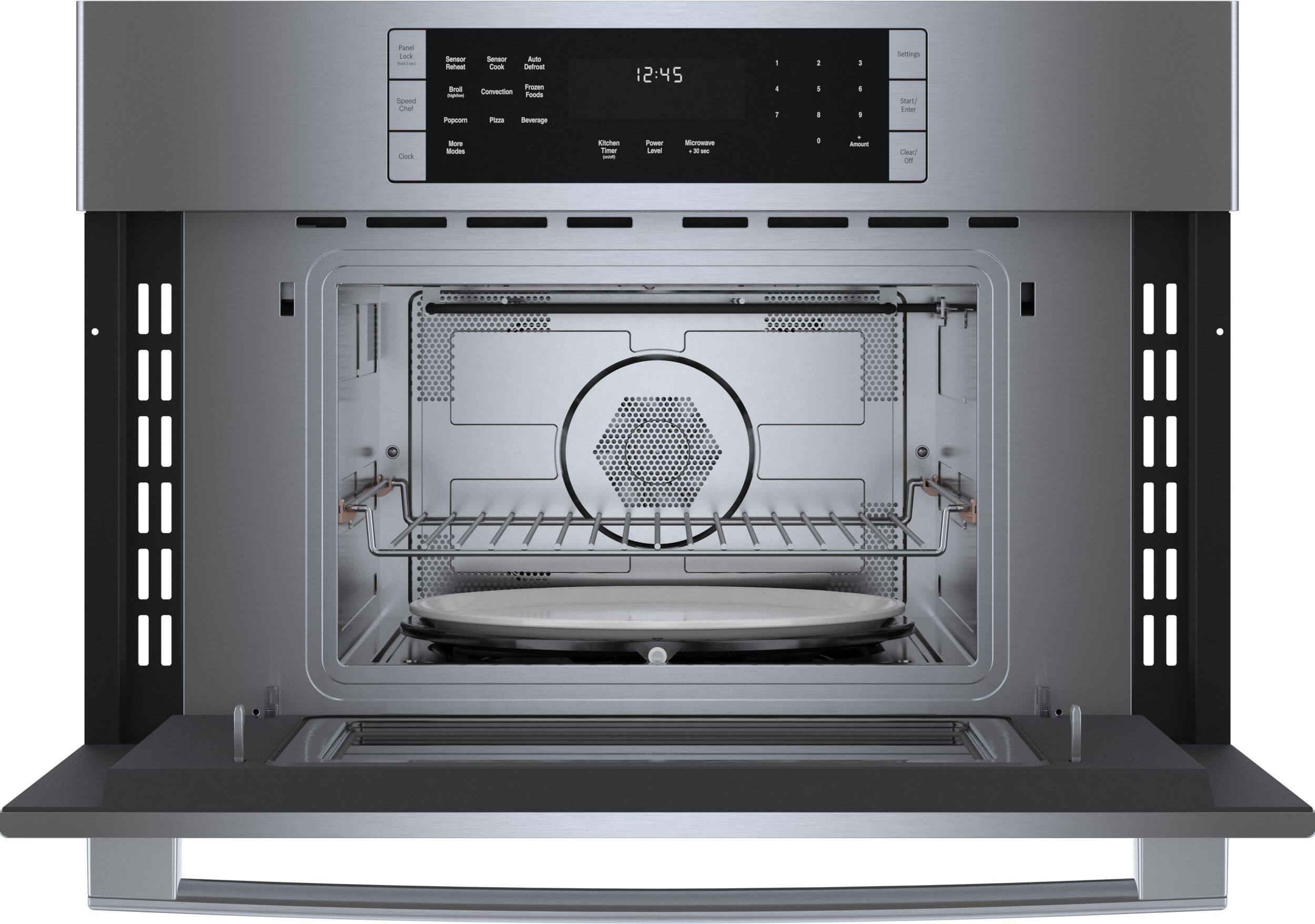 Sure, here is the corrected and grouped text from the image:

**Top Left Panel:**
- Panel Lock
- Unlock

**Top Center:**
- Speed Chef

**Top Right:**
- Clock

**Middle Left:**
- Sensor Reheat
- Sensor Cook
- Air Fresh
- Frozen Foods
- Popcorn
- Pizza
- Beverage

**Middle Center:**
- Kitchen Timer
- Power Level
- Microwave + 30 sec

**Middle Right:**
- 1 2 3 4 5 6 7 8 9 0
- Reset

**Bottom Left:**
- Settings

**Bottom Center:**
- Start/Enter
- Clear/Off

**Bottom Right:**
- More Modes
- Less
- Cheer