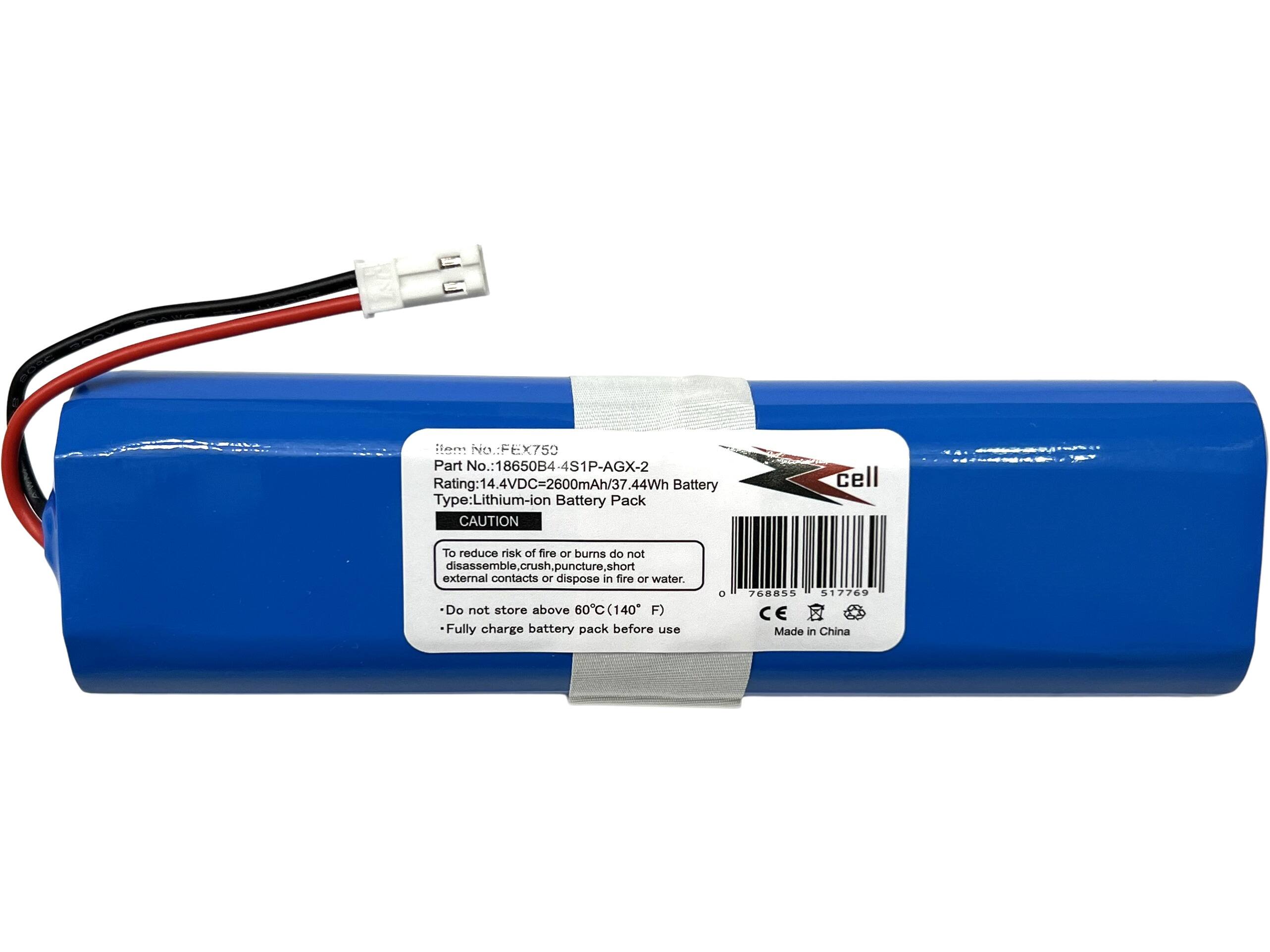 nove NO. : FEX750  
Part No.: 8650B4 S1P-AGX-2  
Rating: 14.4VDC=2600mAh/37.44Wh  
Battery Type: Lithium-ion Battery Pack  

CAUTION  
To reduce risk of fire or burns do not disassemble, crush, puncture, short external contacts or dispose in fire or water. Do not store above 60°C (140°F). Fully charge battery pack before use.  

Item No.: FEX750  
Part No.: 18650B4-4S1P-AGX-2  
Rating: 14.4VDC=2600mAh/37.44Wh  
Battery Type: Lithium-ion Battery Pack  

CAUTION  
To reduce risk of fire or burns do not disassemble, crush, puncture, short external contacts or dispose in fire or water.  
- Do not store above 60°C (140°F)  
- Fully charge battery pack before use  

CE  
Made in China