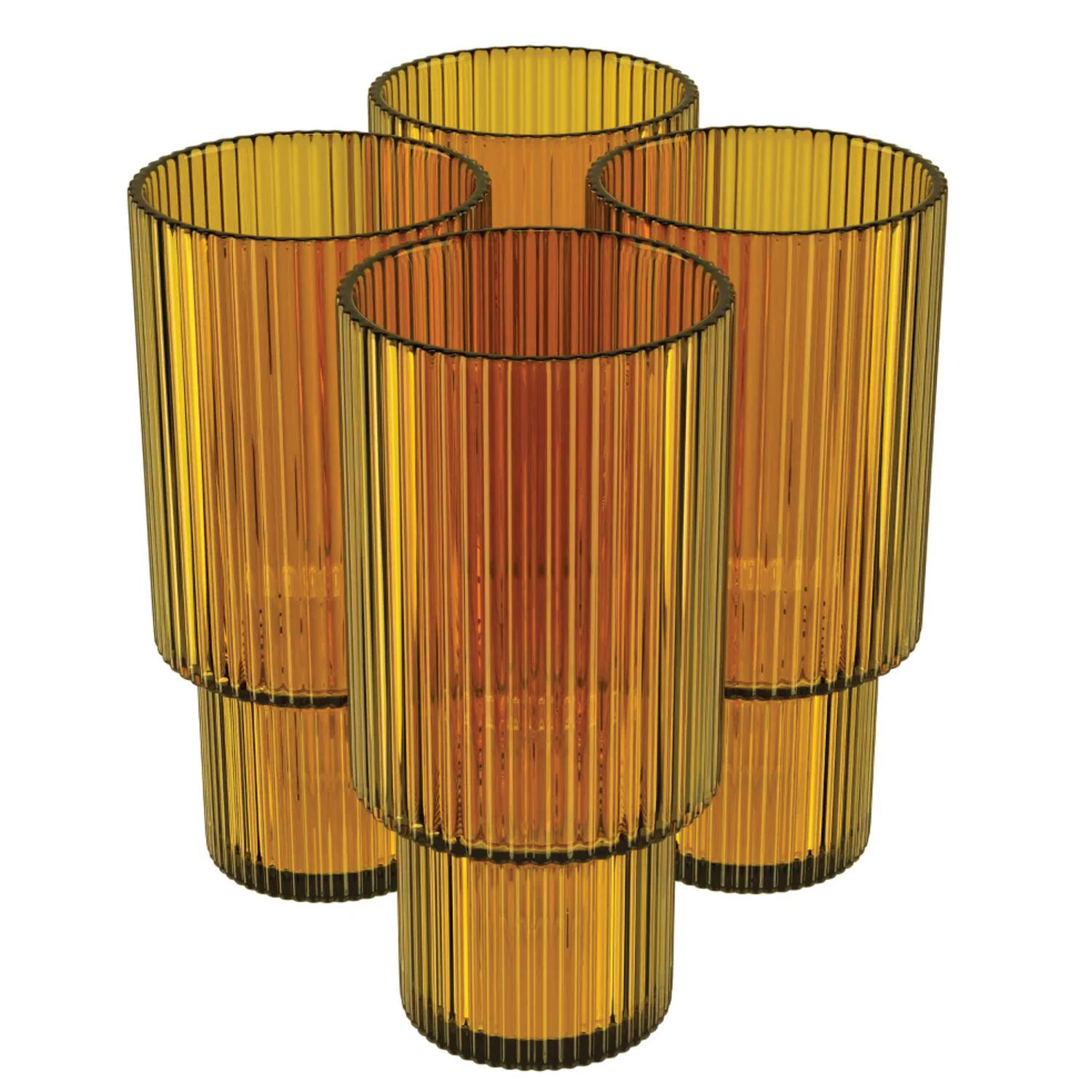 Front. American Atelier - Set of 4 Ribbed Amber Highball Glasses | 11 oz Tall Drinkware - Amber.
