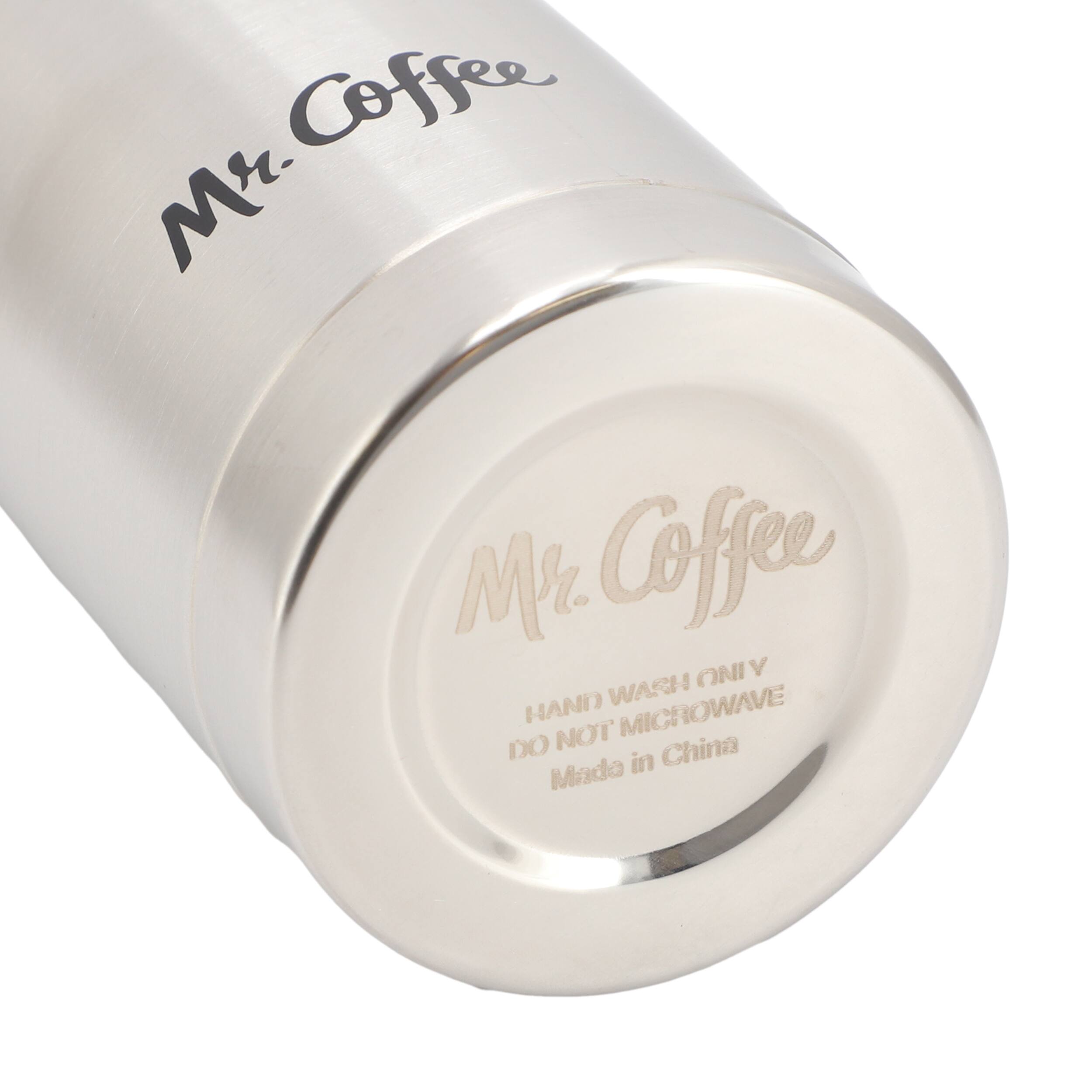 "Mr. Coffee" is written on a silver container. The container is a hand wash dispenser, and it is not to be used in a microwave. The container is made in China.