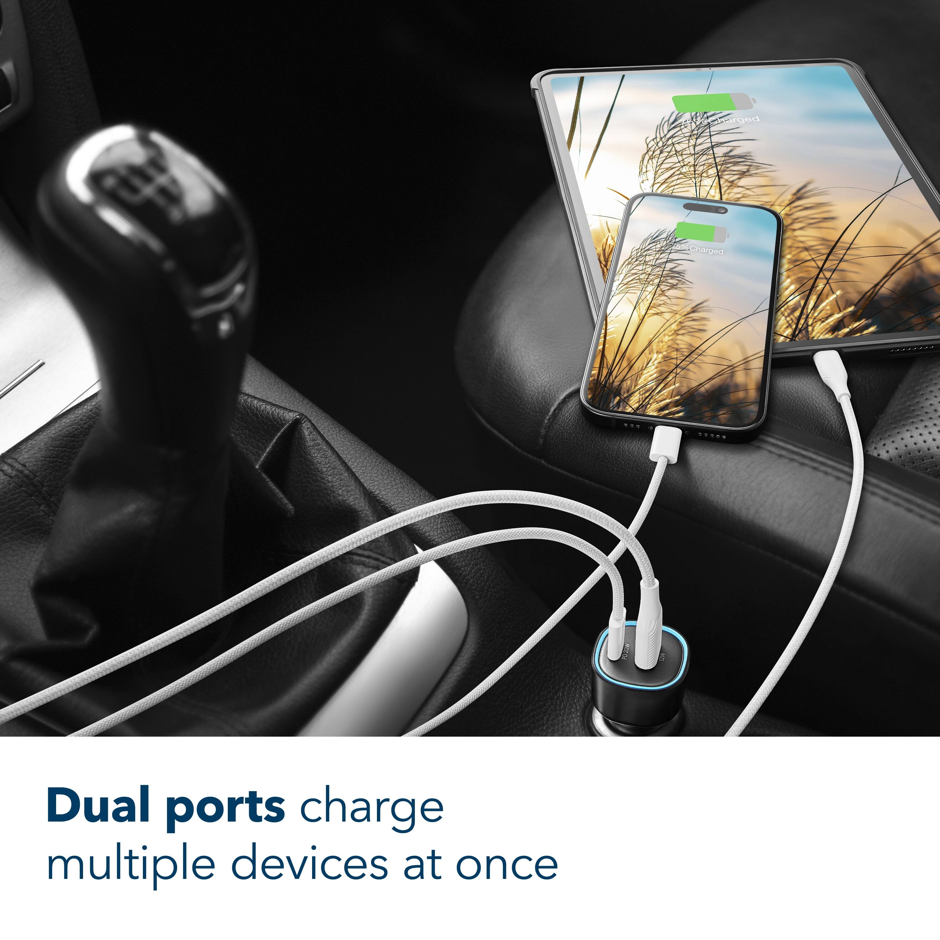 Dual ports charge multiple devices at once.