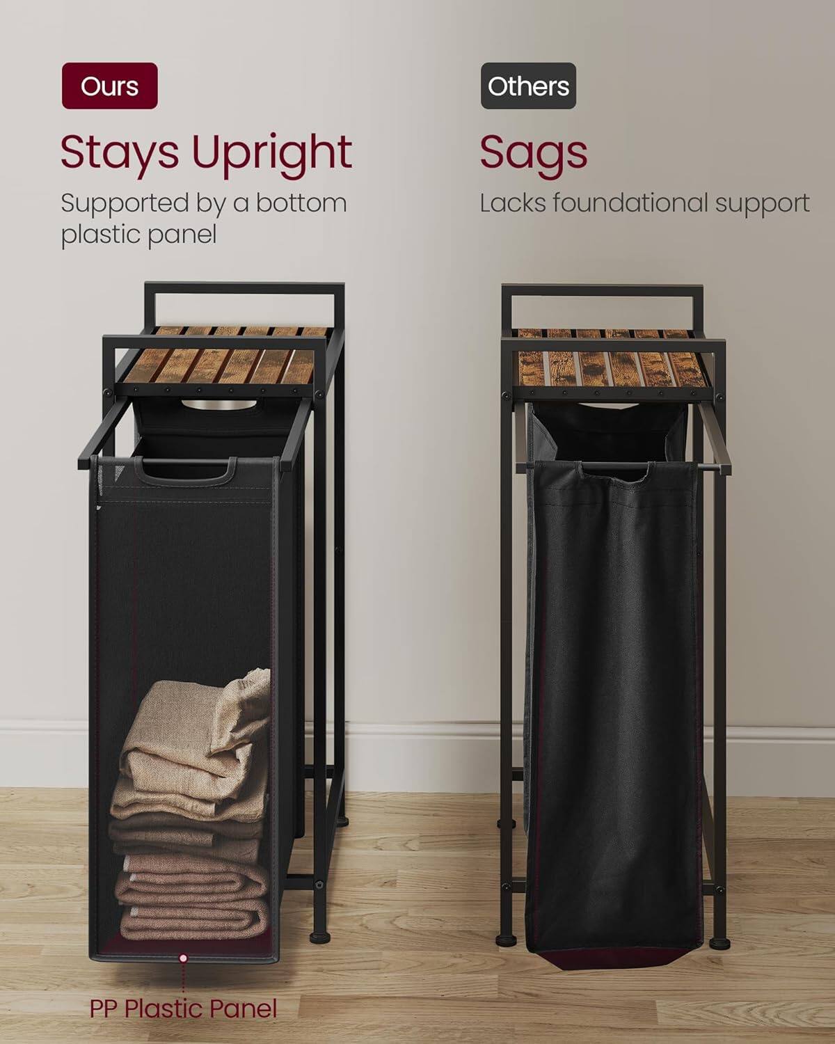 Ours: Stays Upright, Supported by a bottom plastic panel

Others: Sags, Lacks foundational support

PP Plastic Panel