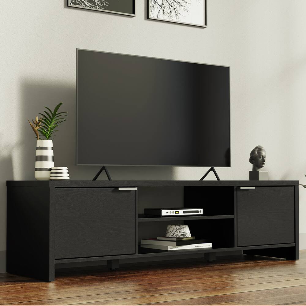 Angle. Madesa - Madesa TV Stand with 2 Cabinet Doors and Open Shelves 57"L Media Storage - Black - Black.