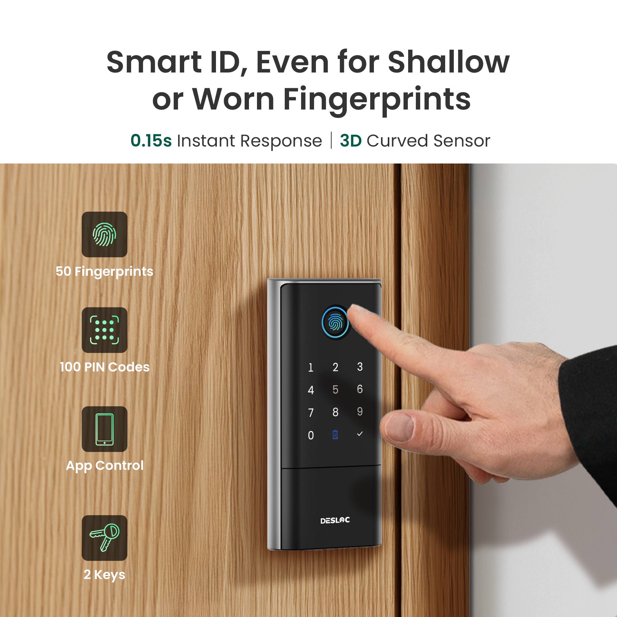 Smart ID, Even for Shallow or Worn Fingerprints  
0.15s Instant Response | 3D Curved Sensor  
50 Fingerprints  
100 PIN Codes  
App Control  
2 Keys