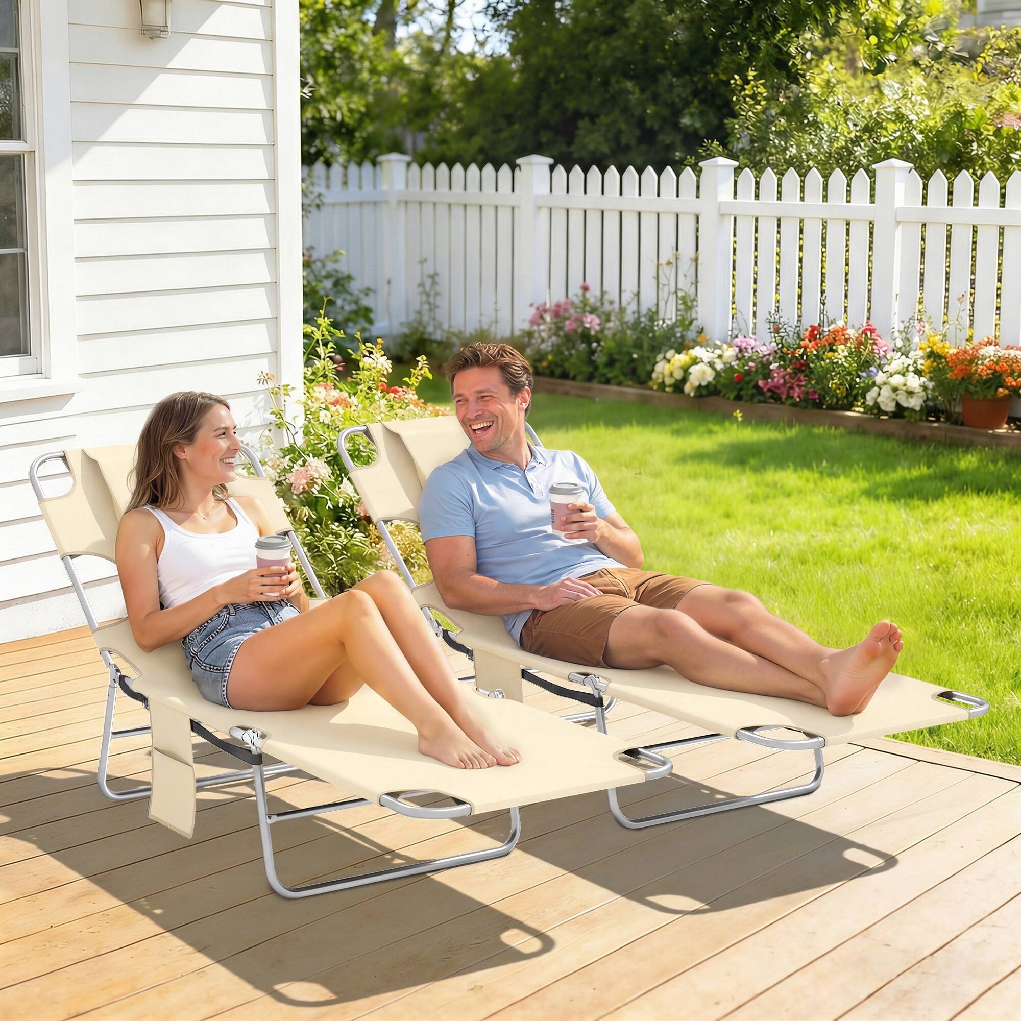 Alt View 1. Outsunny - Tanning Chairs with Face Hole, 5-Level Adjustable Outdoor Chaise Lounge Chair with Pillow for Beach - Beige.