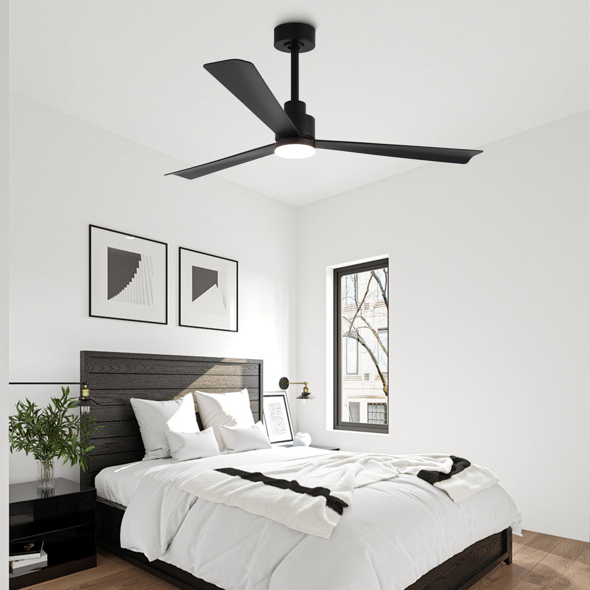 Angle. Parrot Uncle - 52-Inch Modern Propeller Ceiling Fan with Dimmable LED Light, 6-Speed DC Motor, Remote Control - Black.