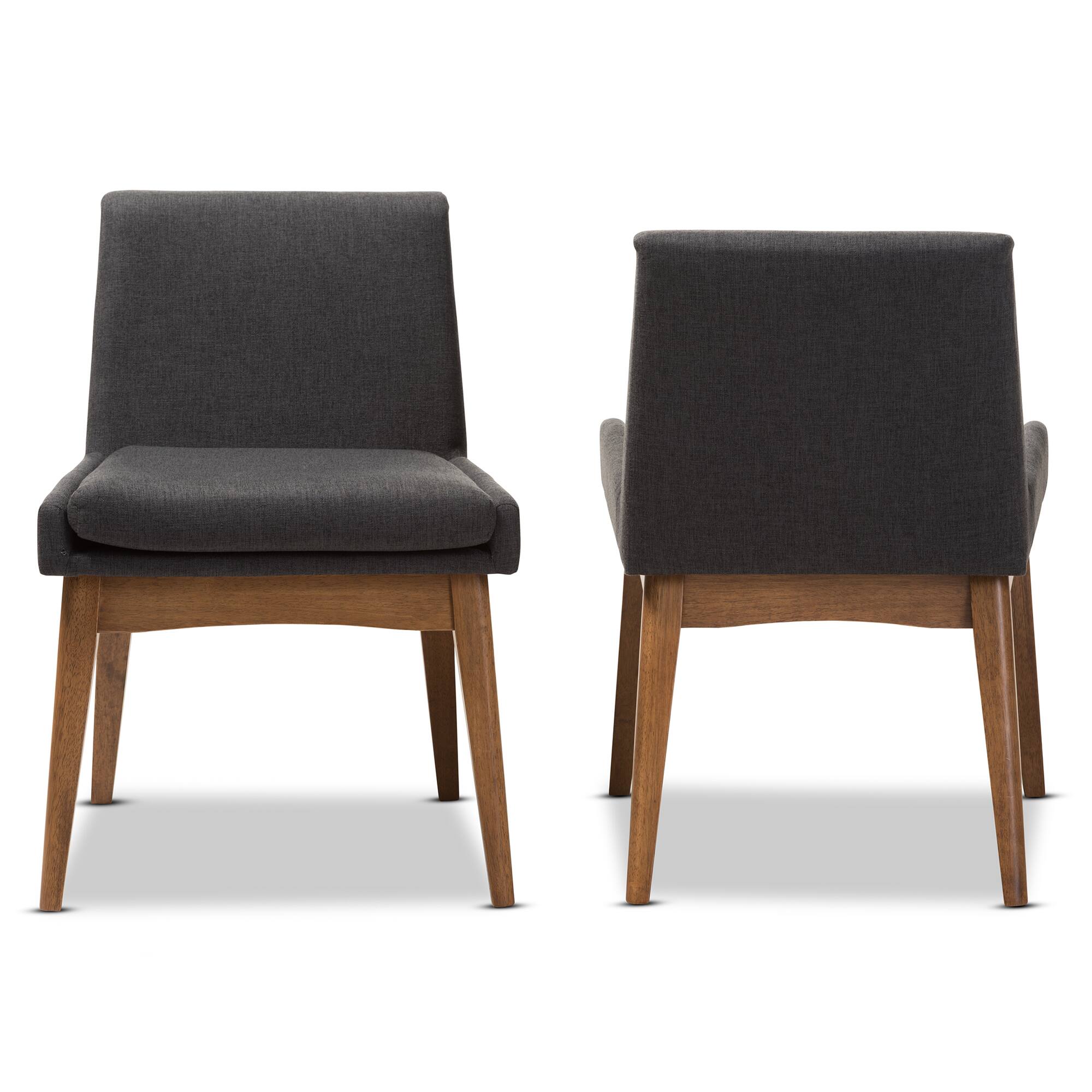 Angle. Baxton Studio - Set of 2 Nexus Mid-Century Modern Walnut Wood Finishing Gravel Fabric Dining Side Chairs - "Gravel" Grey/"Walnut" Brown.