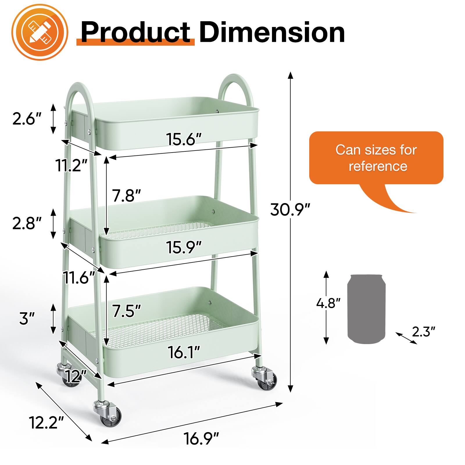 Product Dimension: 2.6" x 11.2" x 15.6"  
Can sizes for reference: 2.8" x 7.8" x 15.9" x 30.9" x 11.6" x 3" x 12" x 7.5" x 16.1" x 4.8" x 2.3" x 12.2" x 16.9"