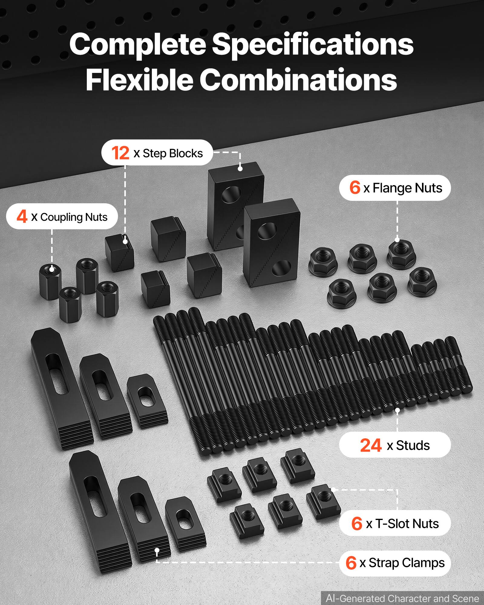 Complete Specifications Flexible Combinations

12 x Step Blocks  
6 x Flange Nuts  
4 x Coupling Nuts  
24 x Studs  
6 x T-Slot Nuts  
6 x Strap Clamps  

AI-Generated Character and Scene