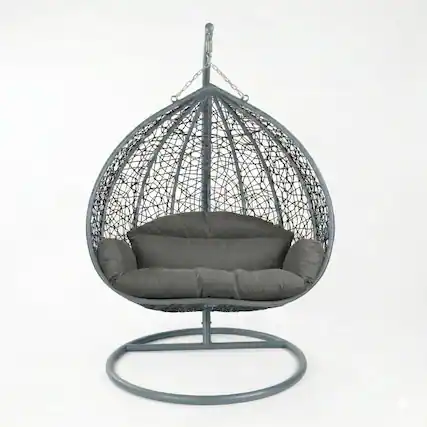 Front. LeisureMod - Recluse Teardrop Grey Wicker Hanging Egg Chair - Modern Indoor Outdoor Swing with Stand & Quick-Dry Cushion - Graphite Grey.