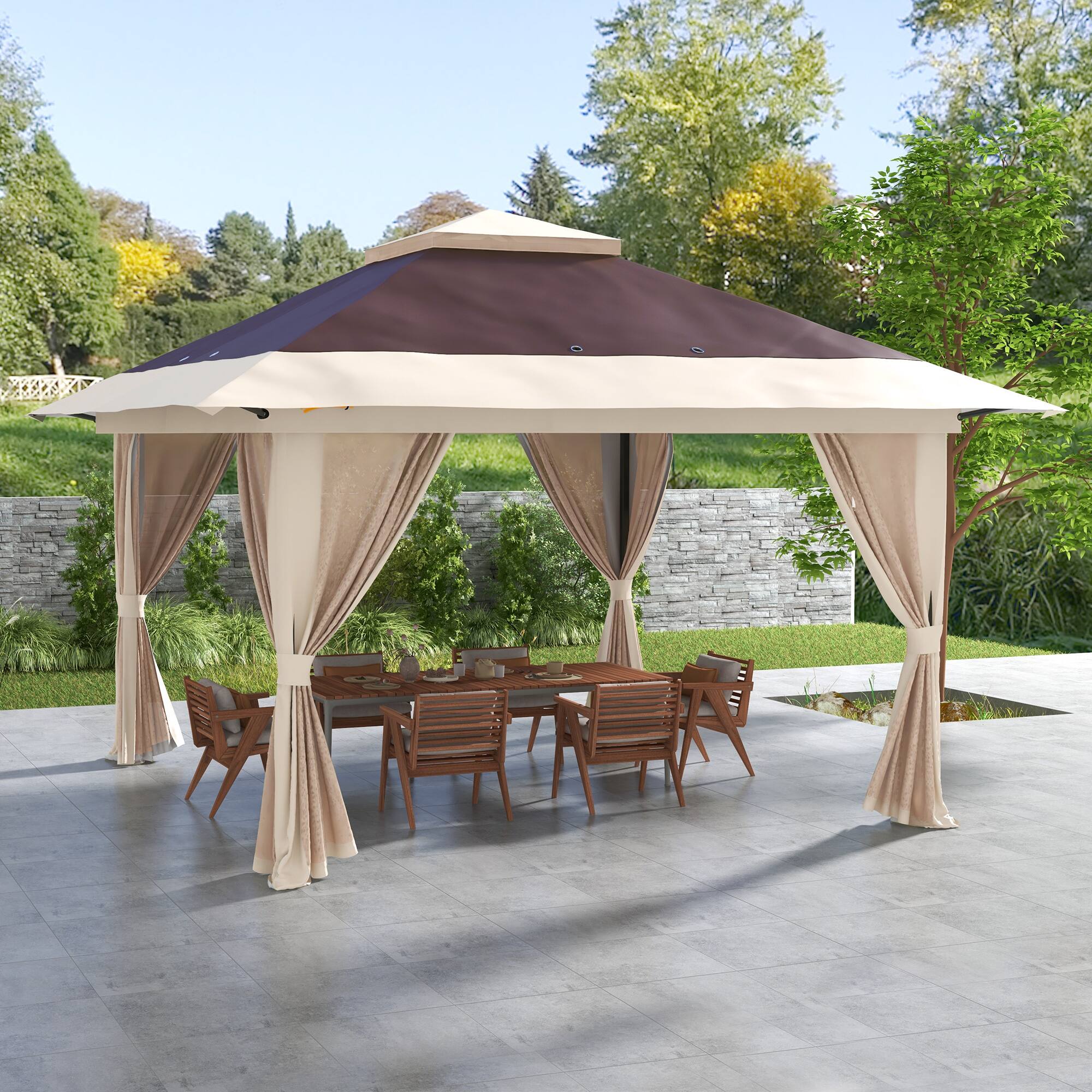 Alt View 1. Outsunny - 13' x 13' Pop Up Gazebo with Netting, UPF 50+ Instant Canopy Tent Shelter with Water/Sand Bags - Brown.