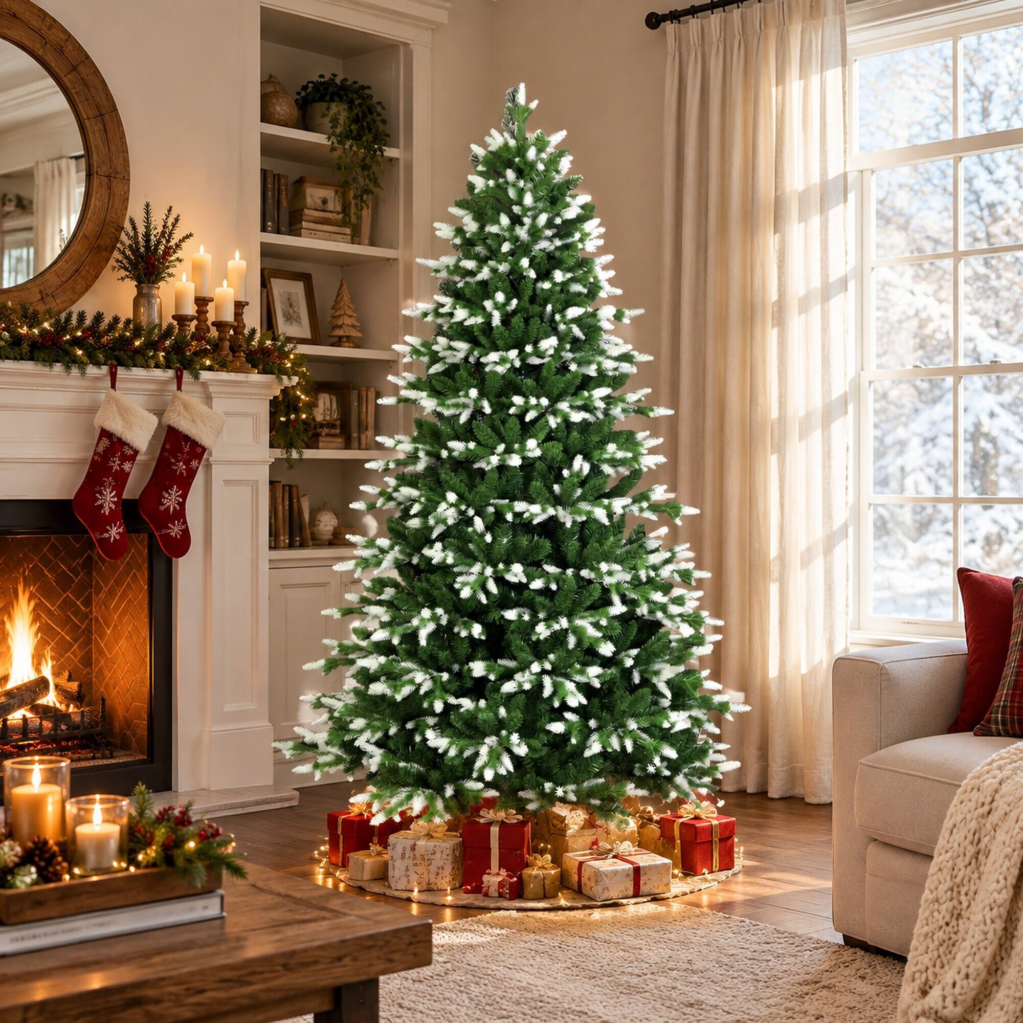Angle. RYHNUYNE - 6FT White-Tipped Artificial Christmas Tree With 1742 PE and PVC Tips and Hinged Branches, Metal Stand - Green.