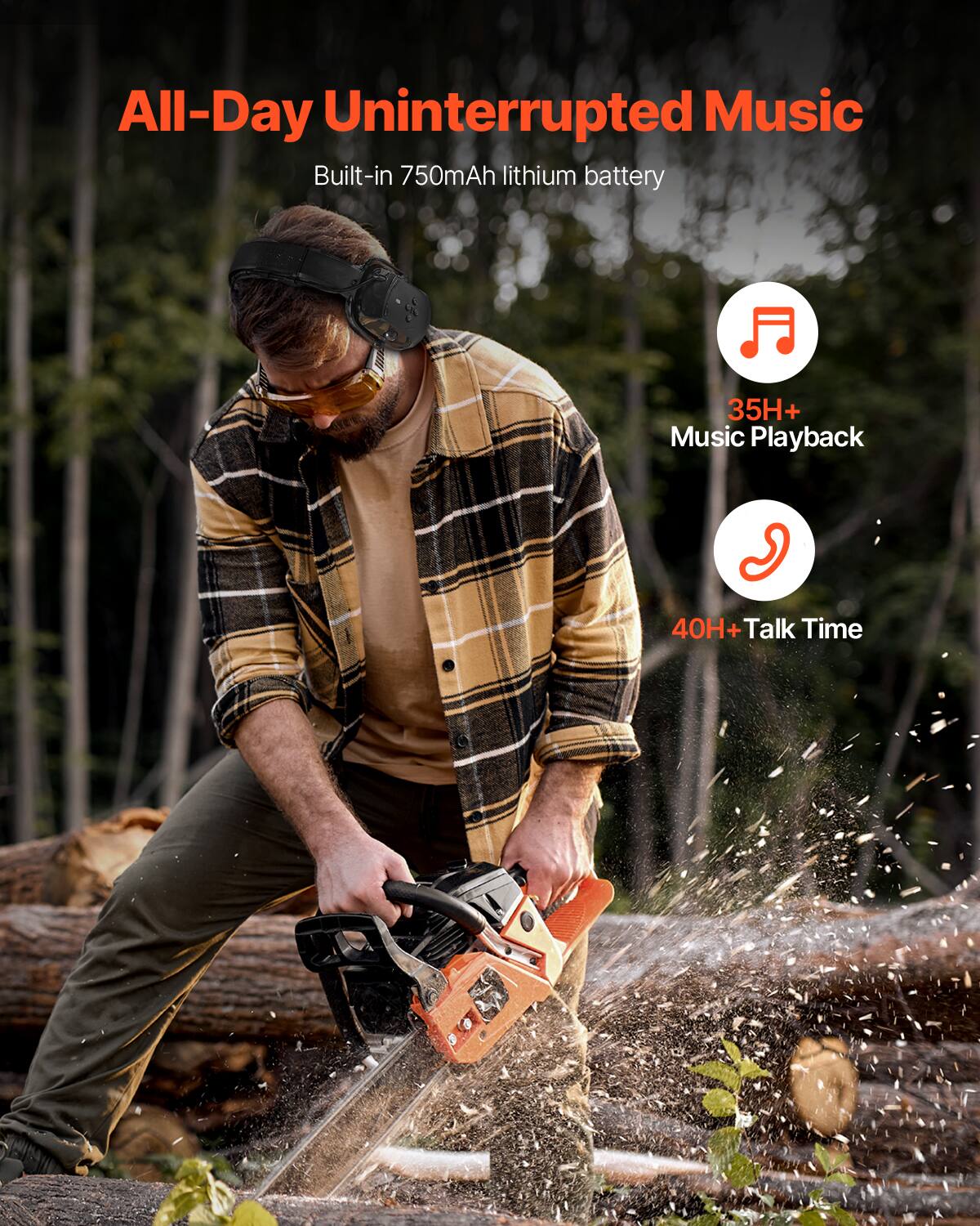 All-Day Uninterrupted Music  
Built-in 750mAh lithium battery  
35H+ Music Playback  
40H+ Talk Time