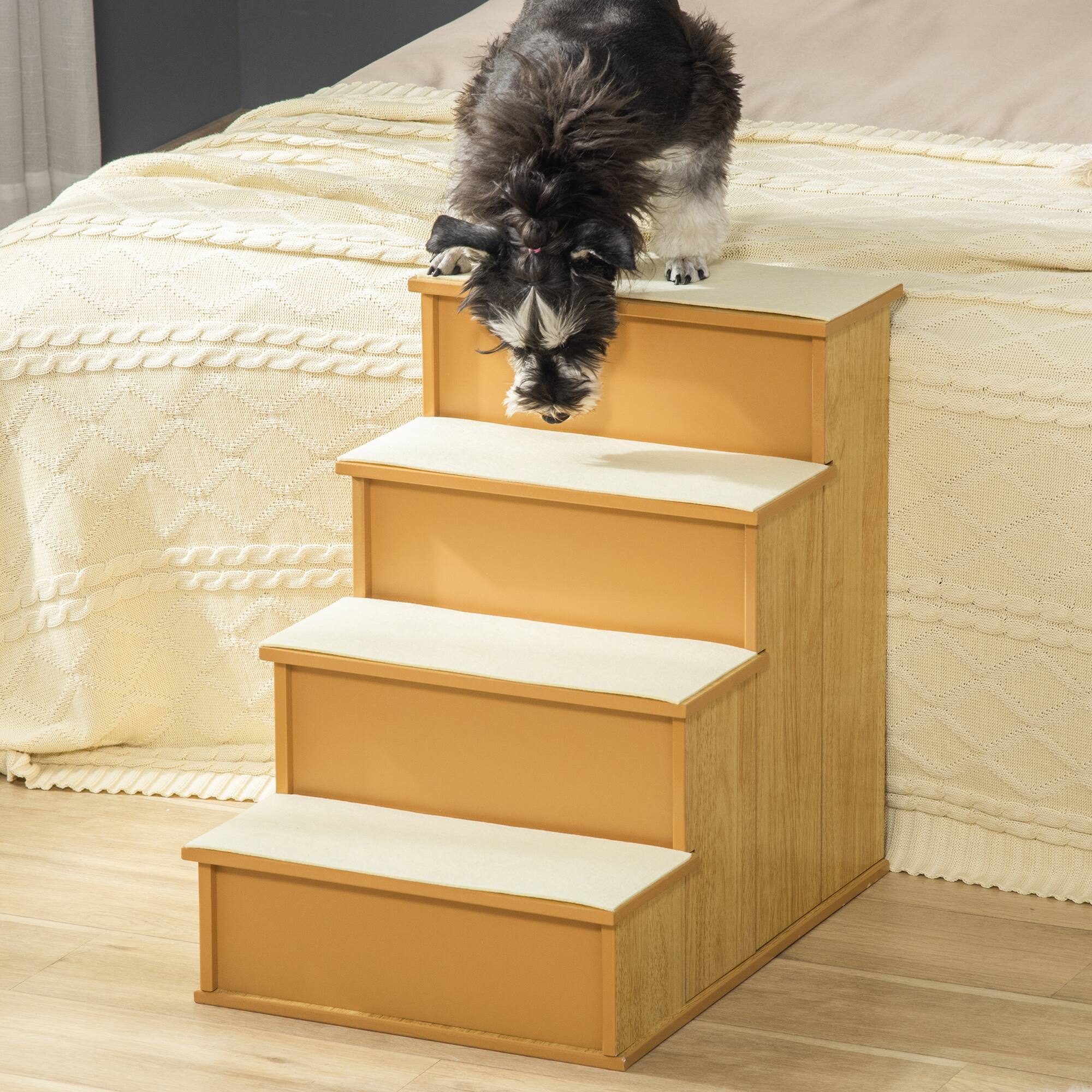 Angle. Pawhut - Pet Stairs, Small Pet Steps with Cushioned Removable Covering for Dogs and Cats Up To 22 lbs - Natural Wood.