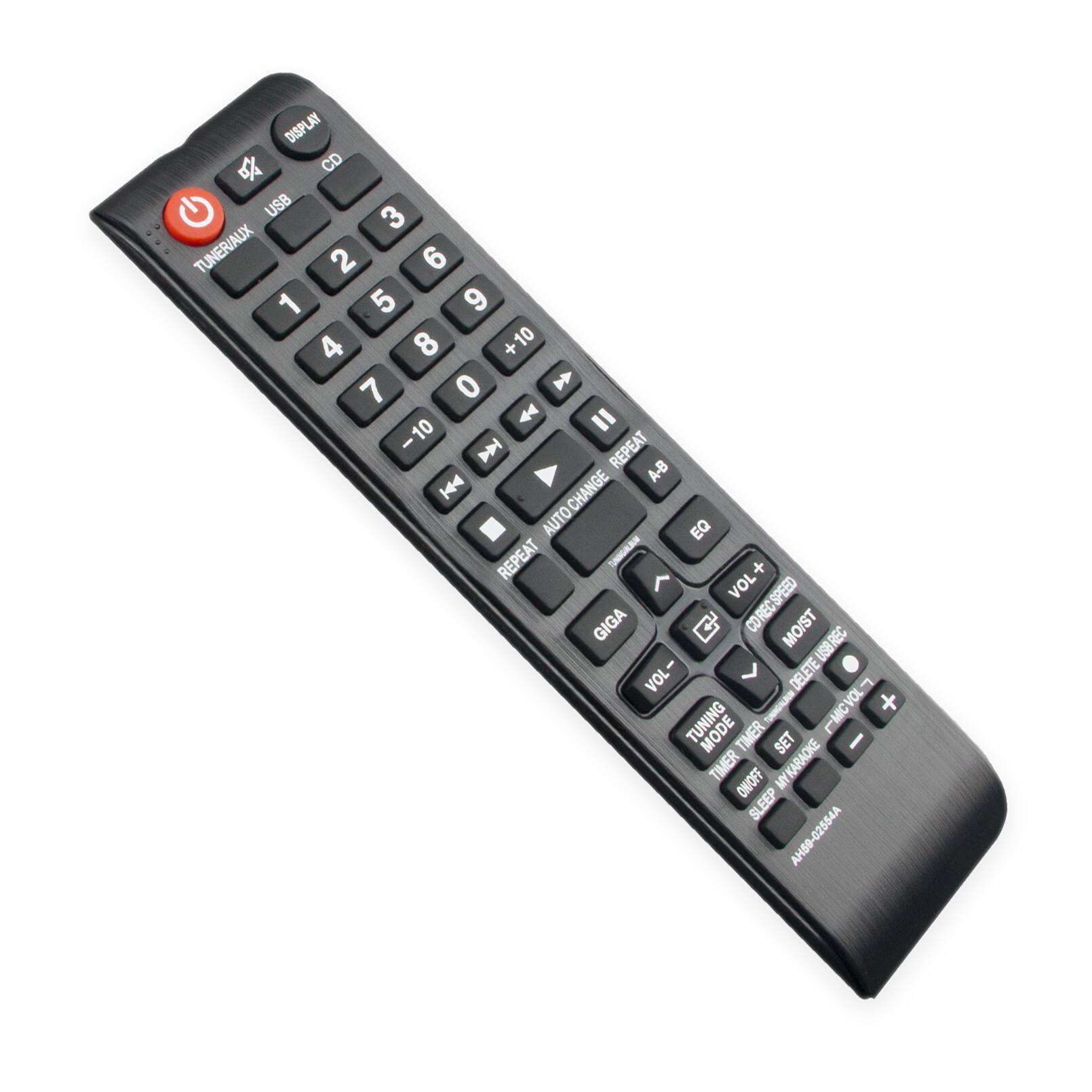 DISPLAY CD USB 3 TUNER/AUX 2 6 1 5 9 4 8 + 10 7 0  44 = 10 - REPEAT  A-B 144 CHANGE AUTO EQ I AAN REPEAT < + VOL GIGA  CORECSPEED MO/ST USB REC I VOL > DELETE  NAN VOL + TUNING MODE M- TIMER SET I TIMER MY KARAOKE ONOFF SLEEP AH59-02554A