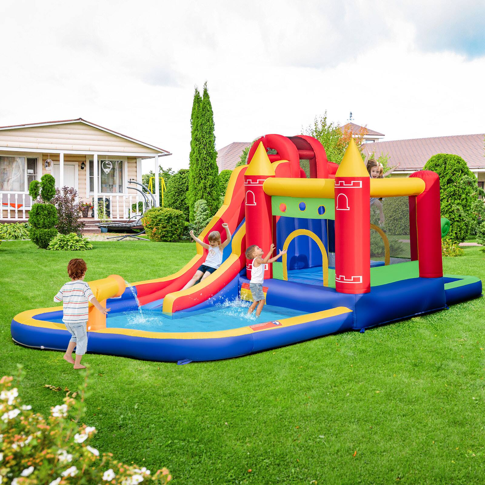 Alt View 2. Ecooso - 9-in-1 Inflatable Bounce House Water Park w/ Slide & Splash Pool for Yard Parties.