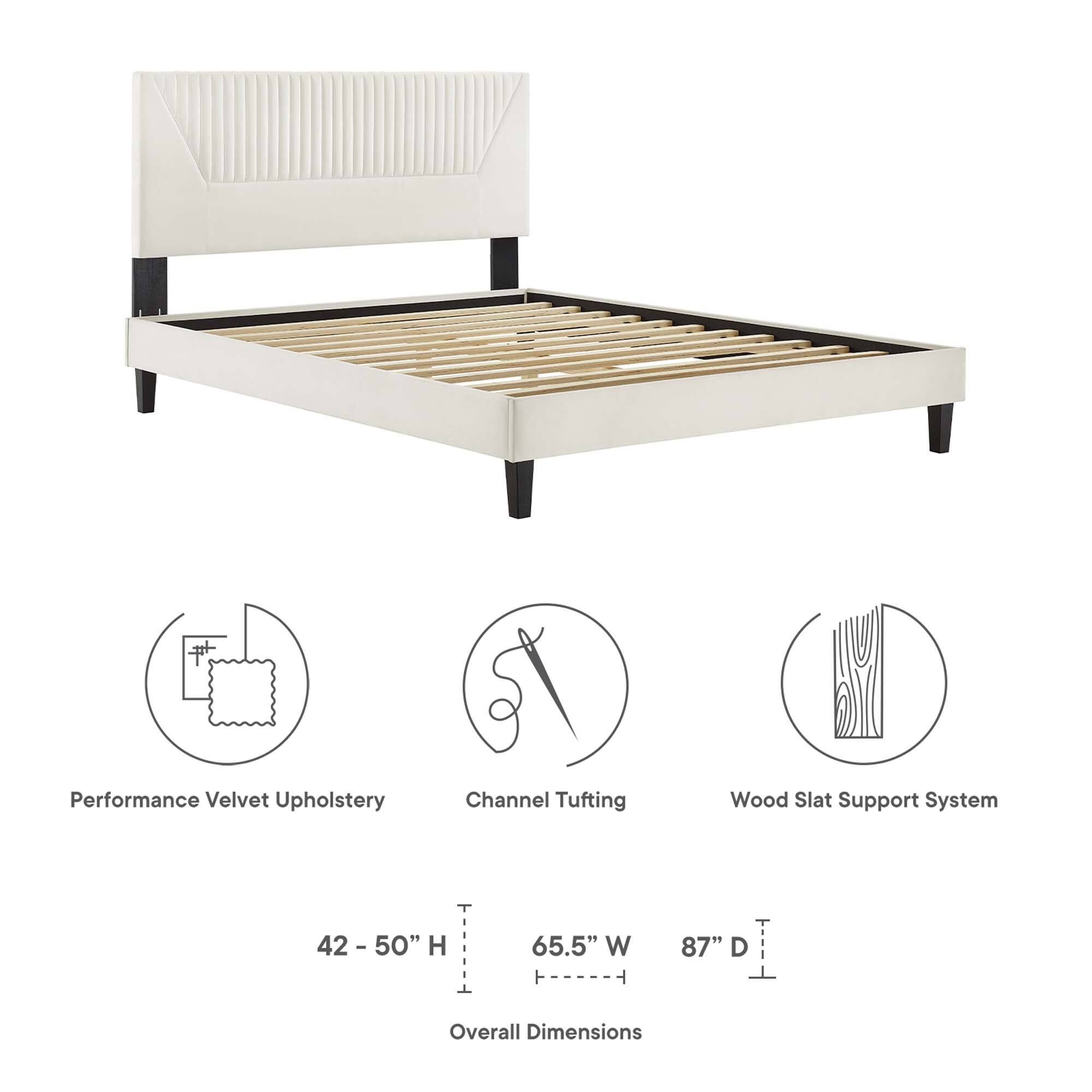 Performance Velvet Upholstery  
Channel Tufting  
Wood Slat Support System  

Overall Dimensions:  
42 - 50" H  
65.5" W  
87" D