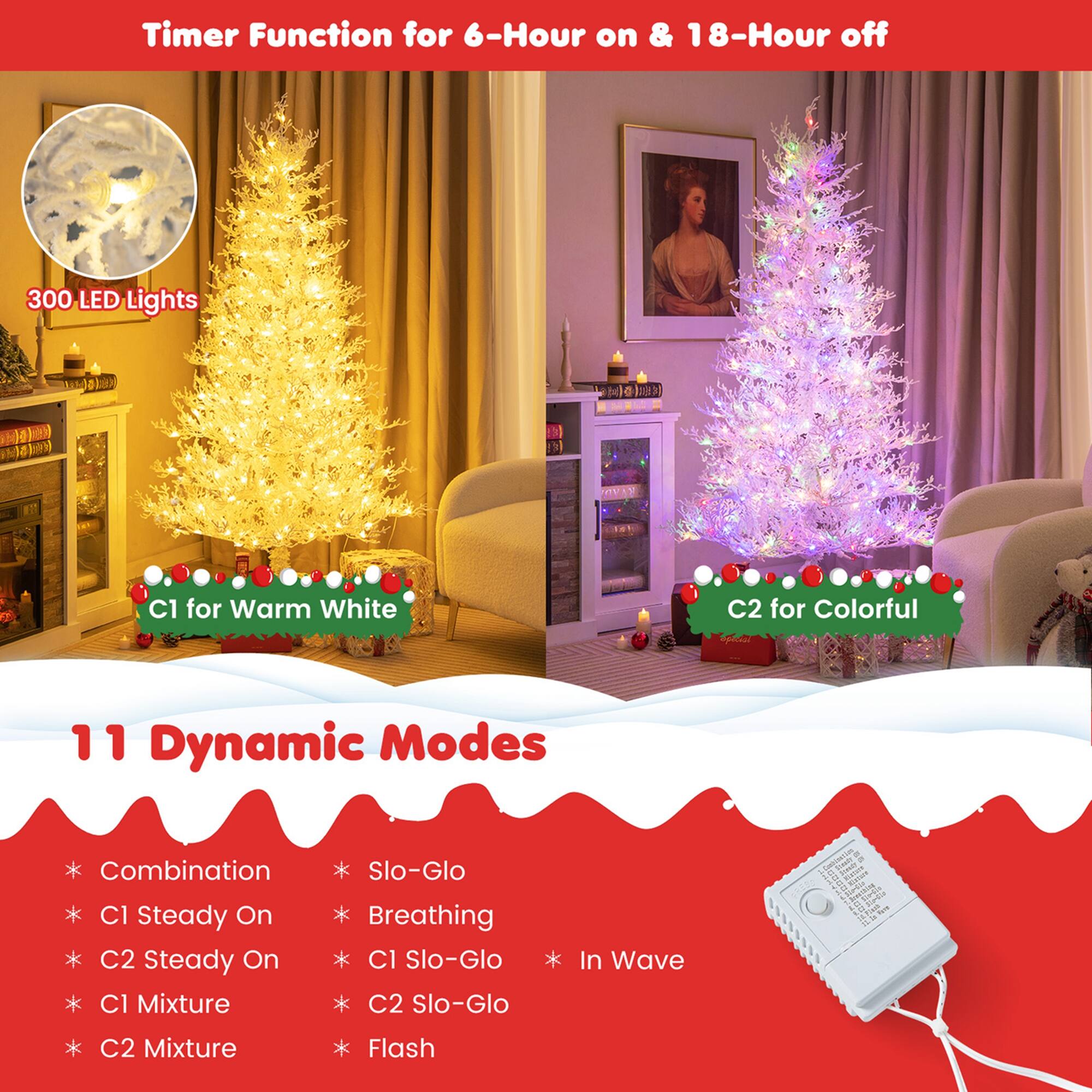 Costway 6 FT Pre-Lit Christmas Tree Snow Flocked Hinged 11 Lighting ...