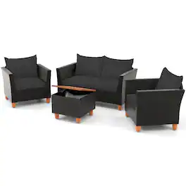 Gymax - 4 Piece Outdoor Conversation Set Patio Cushioned Chairs w/ Storage Coffee Table - Black