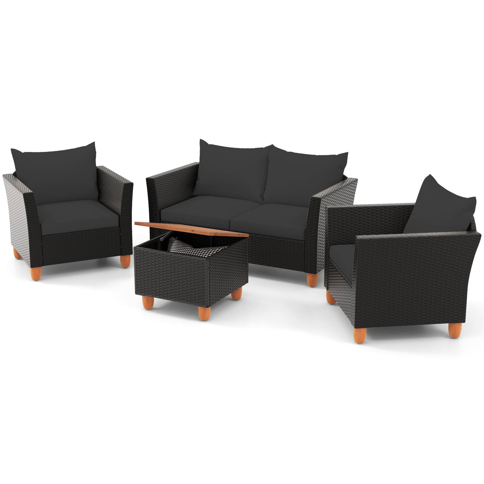 Front. Gymax - Gymax 4 Piece Outdoor Conversation Set Patio Cushioned Chairs w/ Storage Coffee Table Black - Black.
