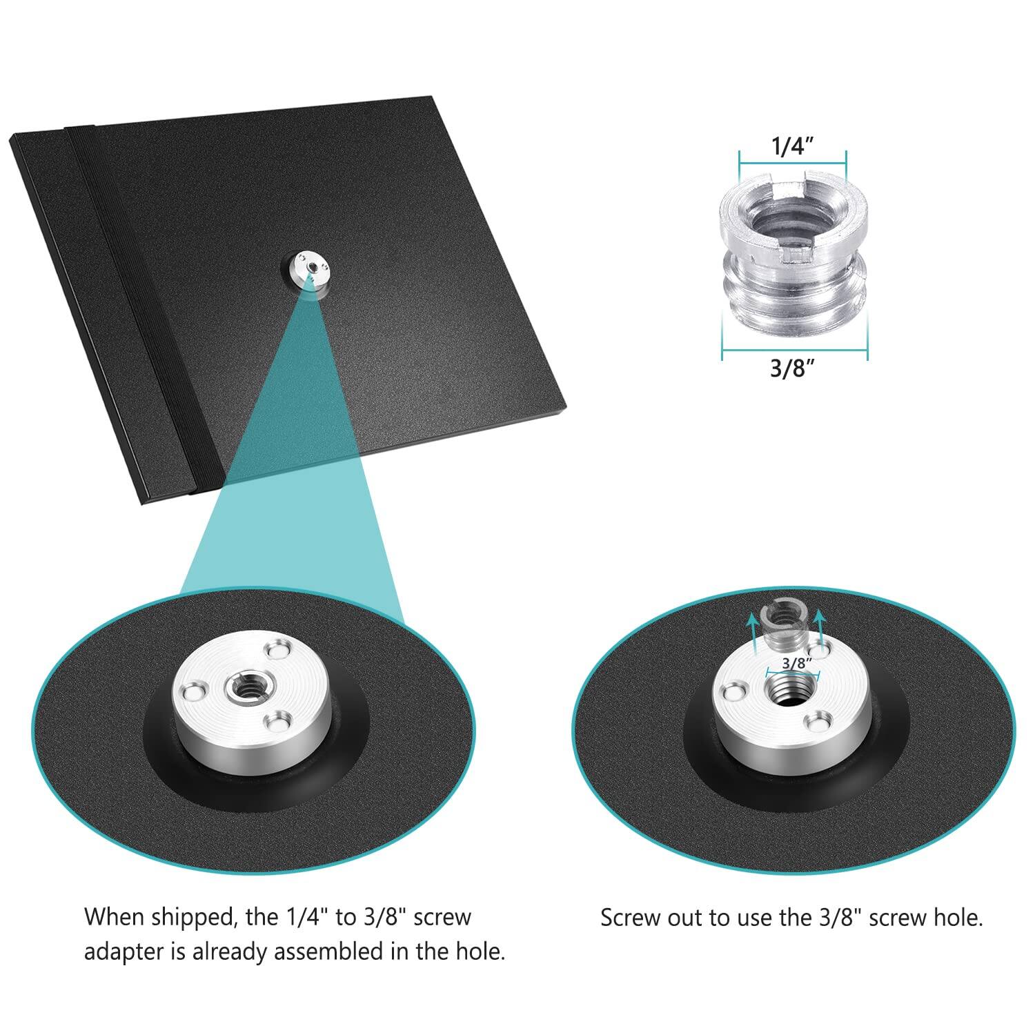 When shipped, the 1/4" to 3/8" screw adapter is already assembled in the hole. Screw out to use the 3/8" screw hole.