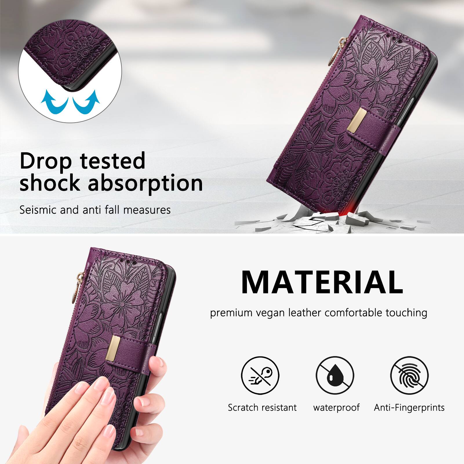 Drop tested shock absorption  
Seismic and anti fall measures  

MATERIAL  
premium vegan leather comfortable touching  
Scratch resistant  
waterproof  
Anti-Fingerprints