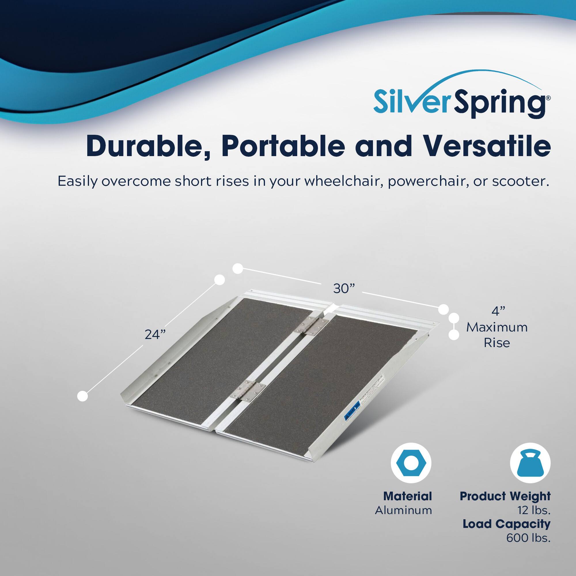 SilverSpring  
Durable, Portable and Versatile  
Easily overcome short rises in your wheelchair, powerchair, or scooter.  

30"  
24"  
4" Maximum Rise  

Material: Aluminum  
Product Weight: 12 lbs.  
Load Capacity: 600 lbs.