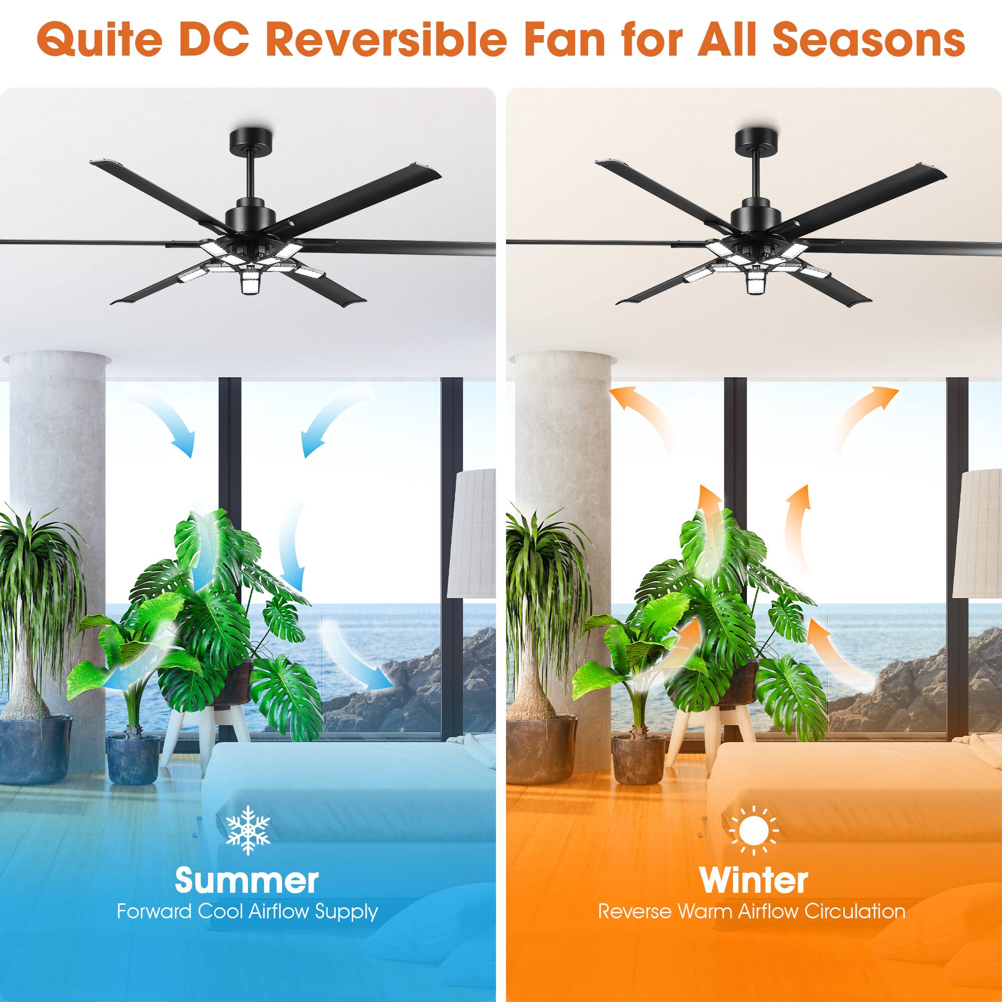 Quite DC Reversible Fan for All Seasons

Summer: Forward Cool Airflow Supply

Winter: Reverse Warm Airflow Circulation