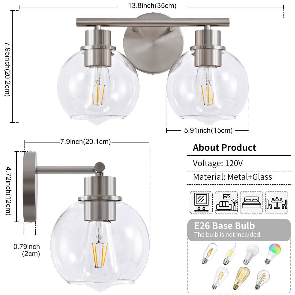 13.8 inch (35 cm)  
7.95 inch (20.2 cm)  
4.72 inch (12 cm)  
7.9 inch (20.1 cm)  
5.91 inch (15 cm)  
0.79 inch (2 cm)  

About Product  
Voltage: 120V  
Material: Metal+Glass  

E26 Base Bulb  
The bulb is not included.