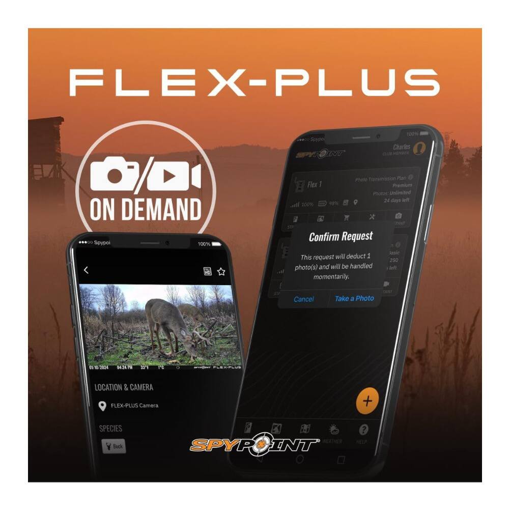 FLEX-PLUS  
ON DEMAND  

Spypoint  
100% Charles cLe HENDER  
ON DEMAND  

Spypoint 100% al Photo transmission Plan Flex I Premium Photos Unlimited  
24 days left  
100%  

Confirm Request  
This request will deduct 1 photo(s) and will be handled momentarily.  

Cancel  
Take a Photo  

LOCATION & CAMERA  
FLEX-PLUS Camera  

SPECIES  
Buck  

WEATHER  
SPYPOINT
