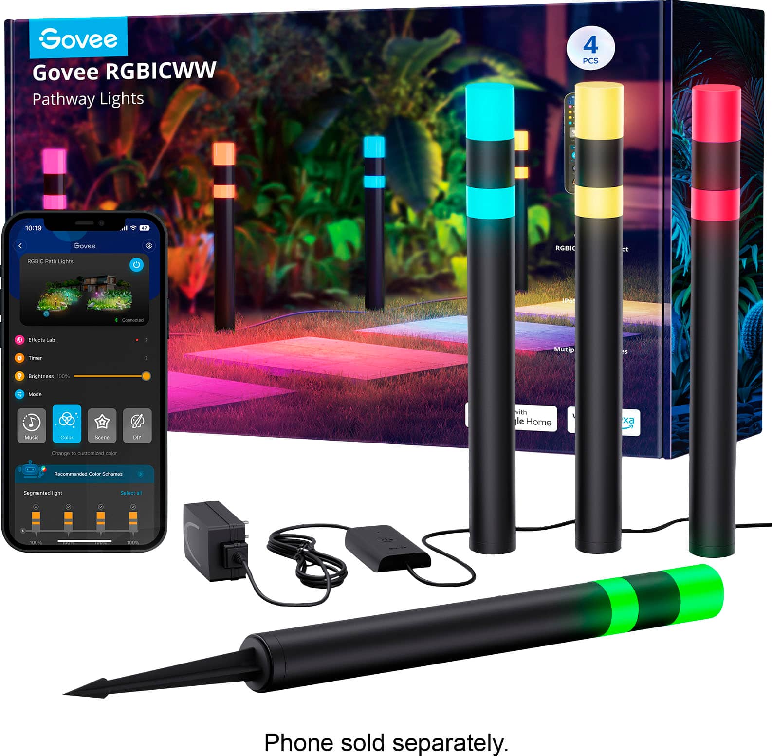 Govee RGBICWW Pathway Lights 4 PCS 10:19 ... 4 Govee RGBICWW Pathway Lights C ne Compacts . emacts Ls Tumar Mustip P Eingtoess 10% MuN with le Home x Muse - Seana Im Change - Atzan 2 anada Faka Satamu Segmerited agre Selecr - 100% - Phone sold separately.