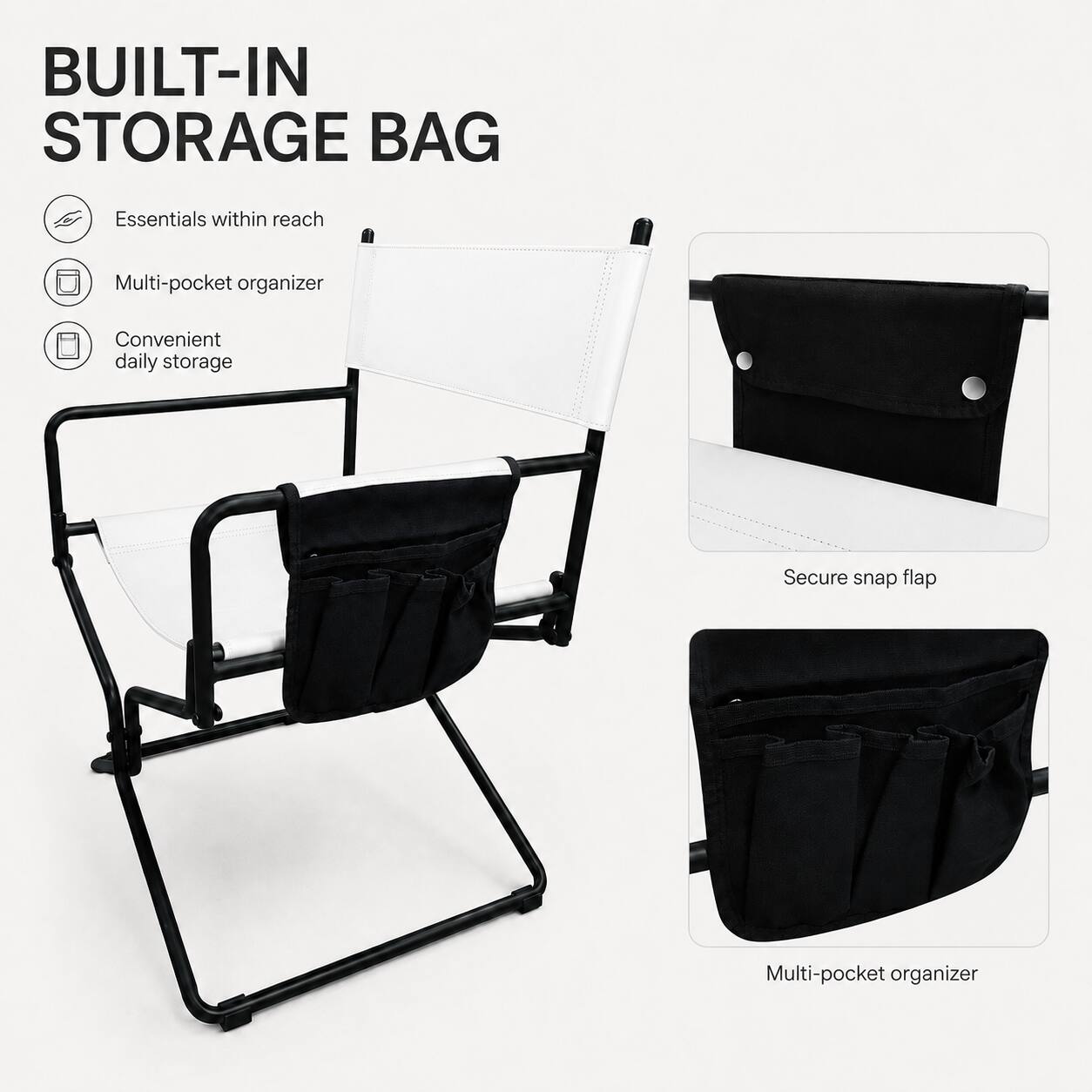BUILT-IN STORAGE BAG

- Essentials within reach
- Multi-pocket organizer
- Convenient daily storage
- Secure snap flap
- Multi-pocket organizer