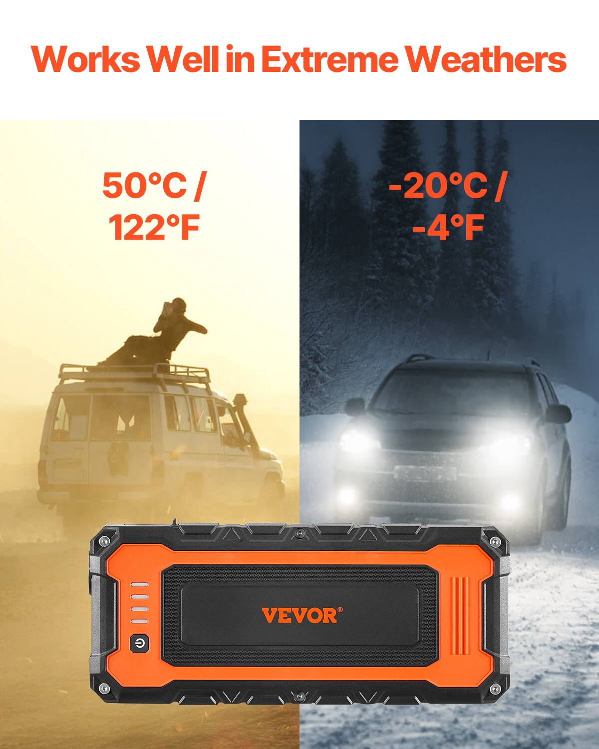 Works Well in Extreme Weathers

50°C / 122°F

-20°C / -4°F

VEVOR