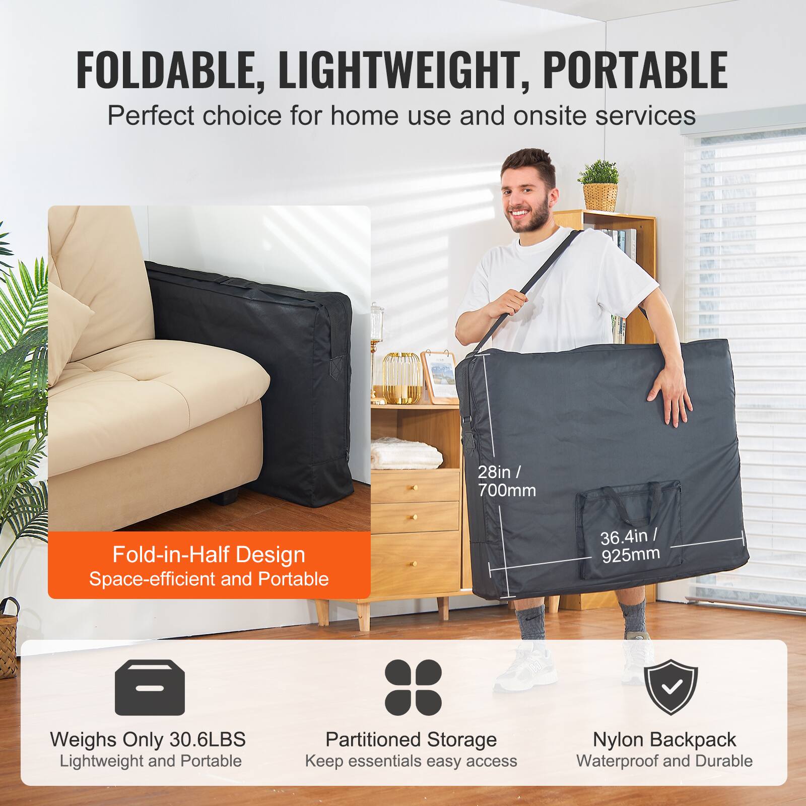 FOLDABLE, LIGHTWEIGHT, PORTABLE  
Perfect choice for home use and onsite services  

Fold-in-Half Design  
Space-efficient and Portable  

Weighs Only 30.6LBS  
Lightweight and Portable  

Partitioned Storage  
Keep essentials easy access  

Nylon Backpack  
Waterproof and Durable  

28in / 700mm  
36.4in / 925mm