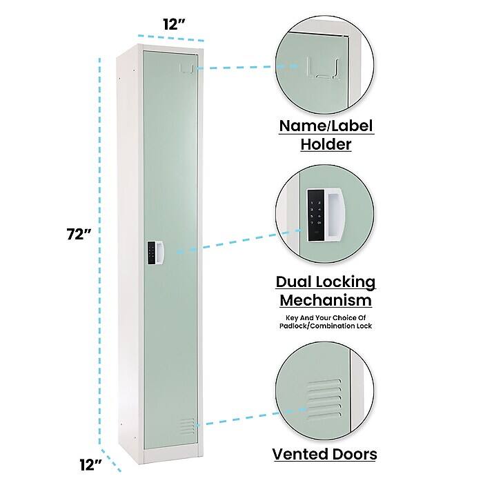 12" Name/Label Holder
72" Dual Locking Mechanism Key And Your Choice Of Padlock/Combination Lock
12" Vented Doors