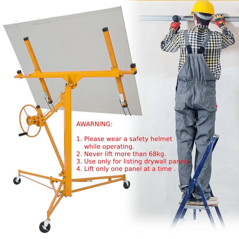AWARNING:  
1. Please wear a safety helmet while operating.  
2. Never lift more than 68kg.  
3. Use only for listing drywall panels.  
4. Lift only one panel at a time.