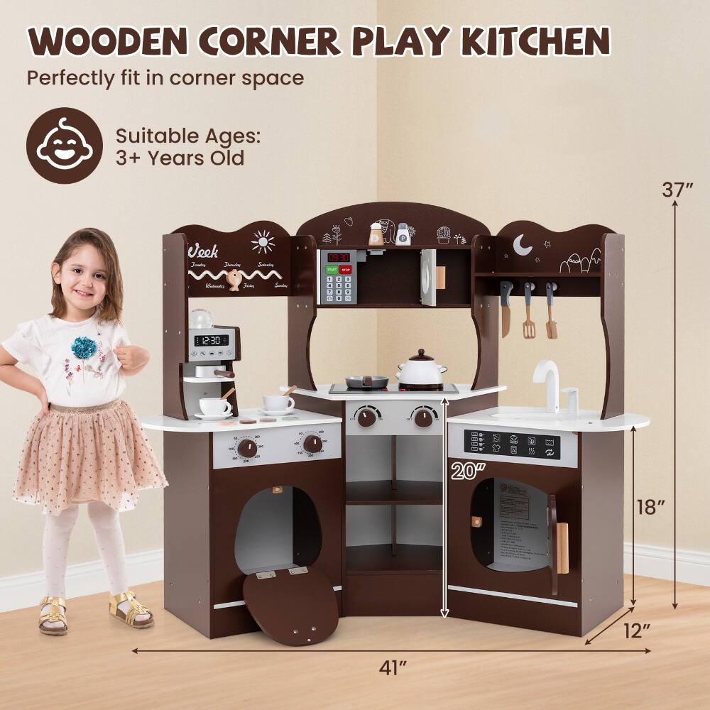 WOODEN CORNER PLAY KITCHEN  
Perfectly fit in corner space  

Suitable Ages: 3+ Years Old  

Dimensions:  
- Height: 37"  
- Width: 41"  
- Depth: 20"  
- Sink Depth: 18"  
- Oven Depth: 12"