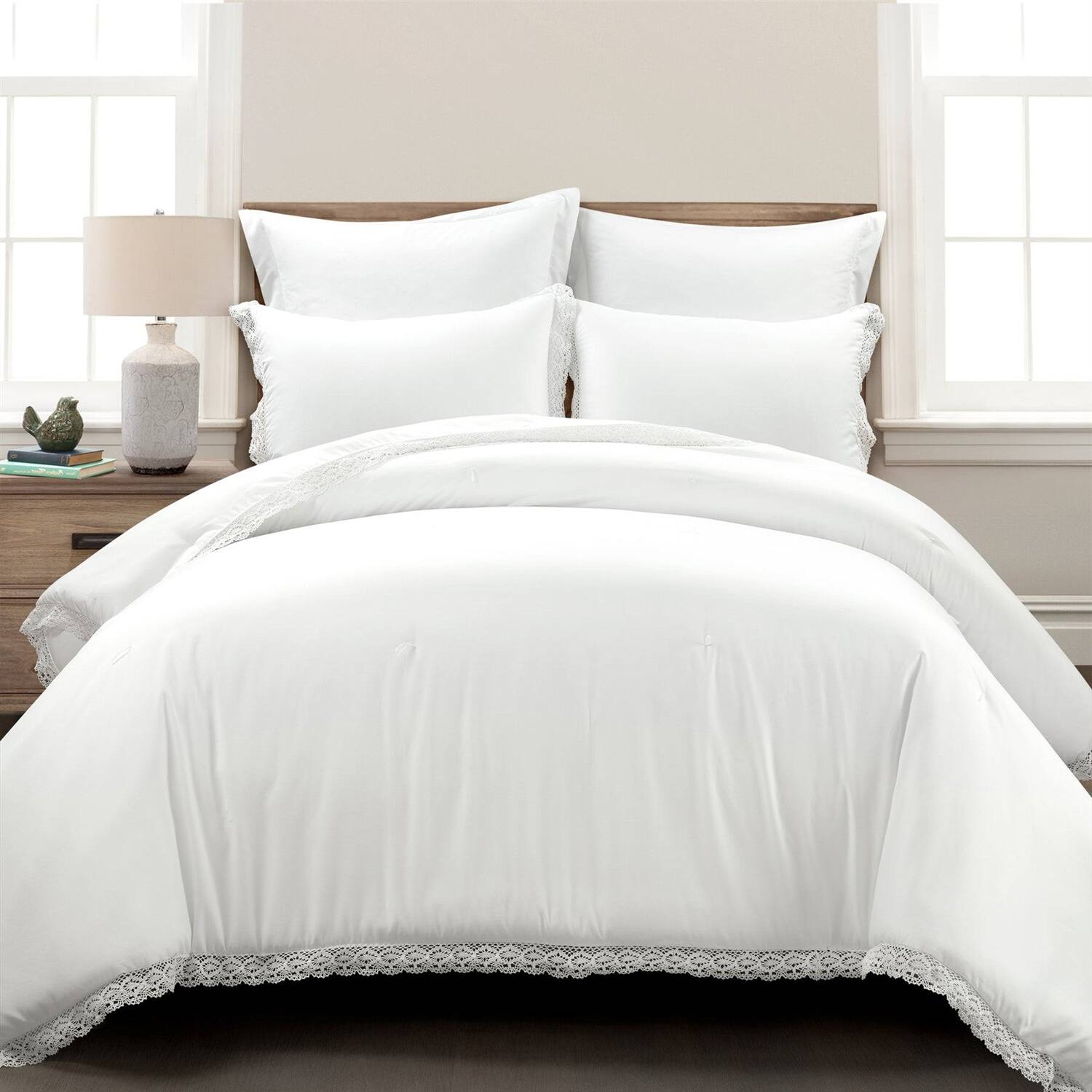 Angle. Hivvago - King size White 5-Piece Lightweight Polyester Comforter Set with Lace Trim - White.