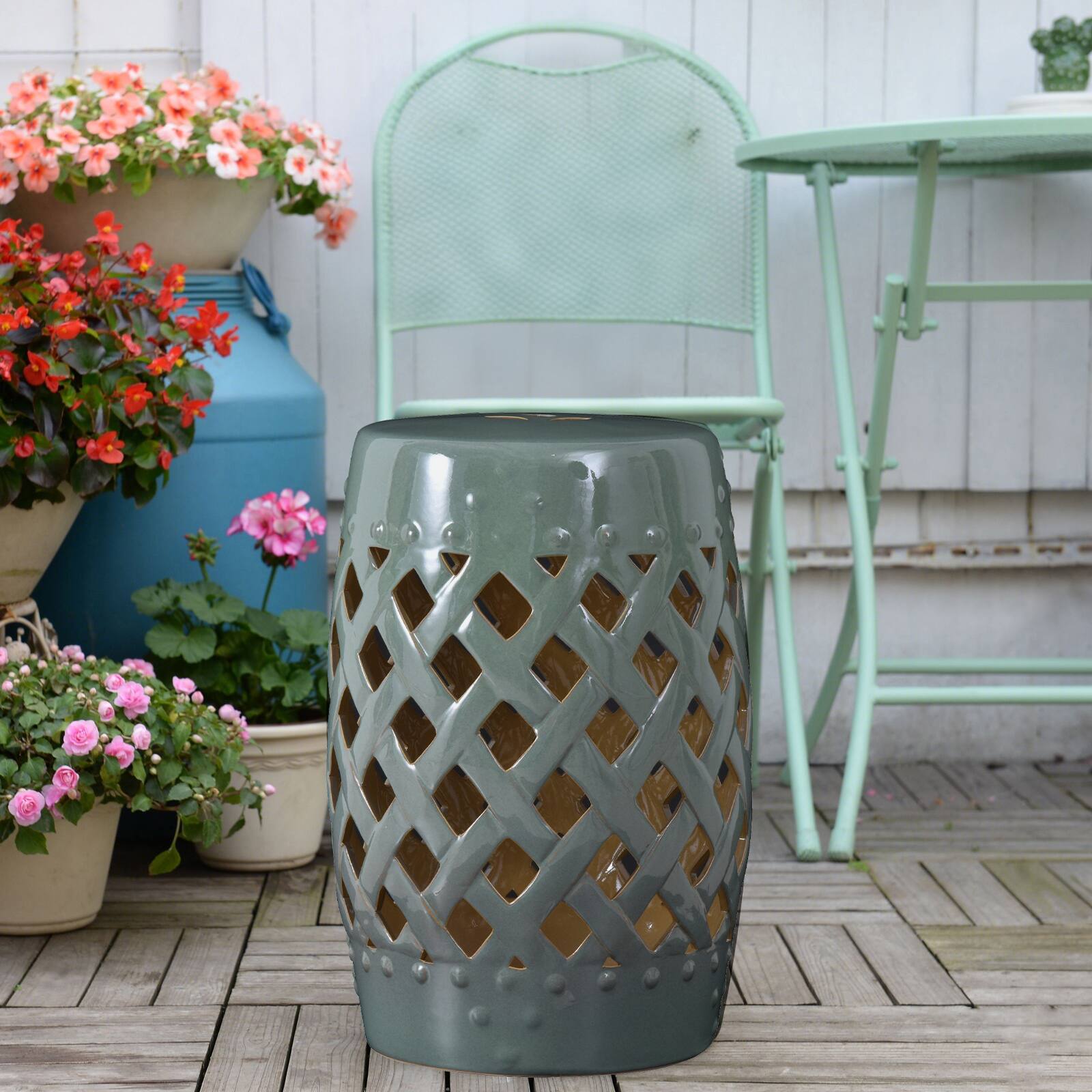 Alt View 1. Outsunny - 13" x 18" Ceramic Garden Stool with Woven Lattice Design & Glazed Strong Materials Decorative Outdoor Stool - Green.