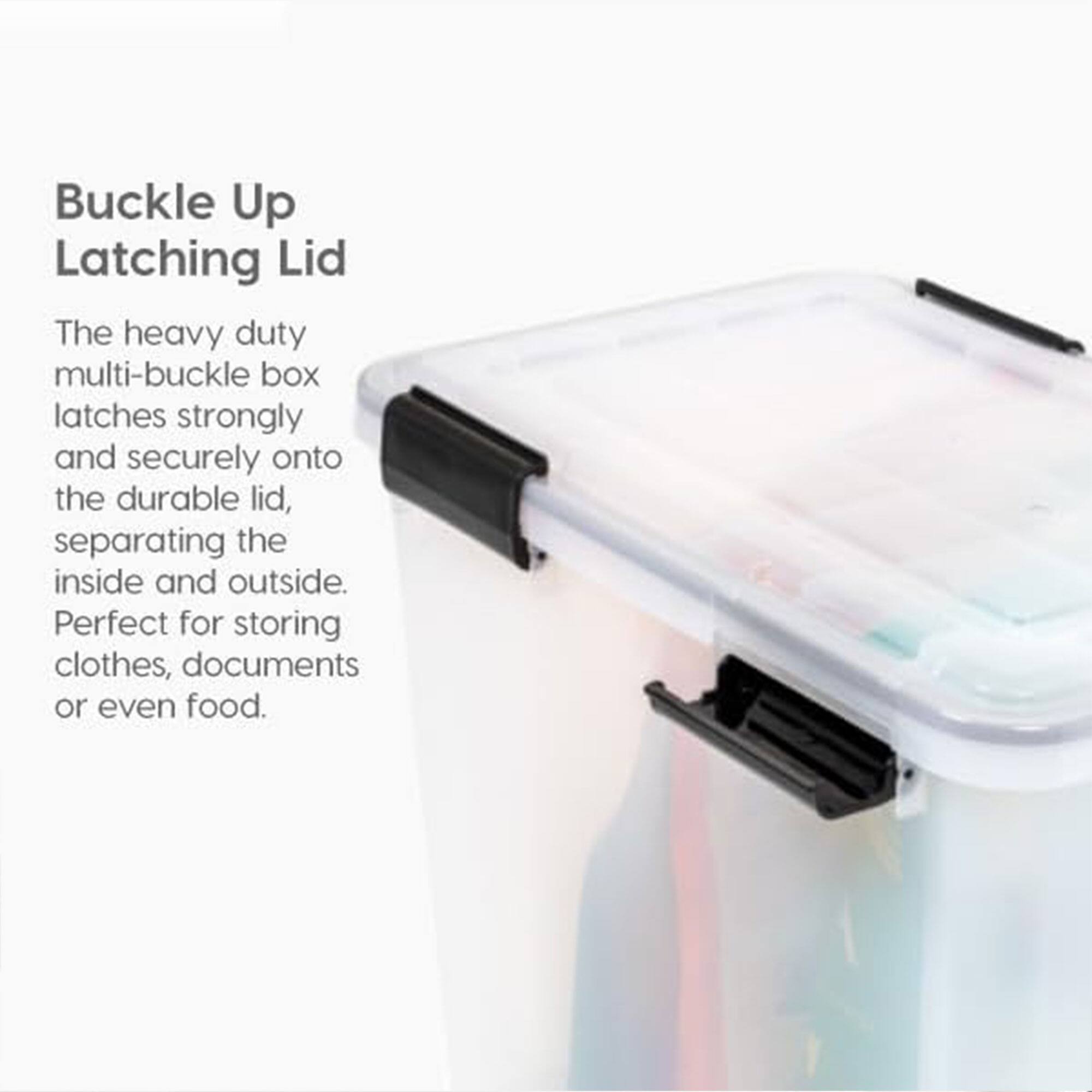 Buckle Up Latching Lid

The heavy duty multi-buckle box latches strongly and securely onto the durable lid, separating the inside and outside. Perfect for storing clothes, documents or even food.