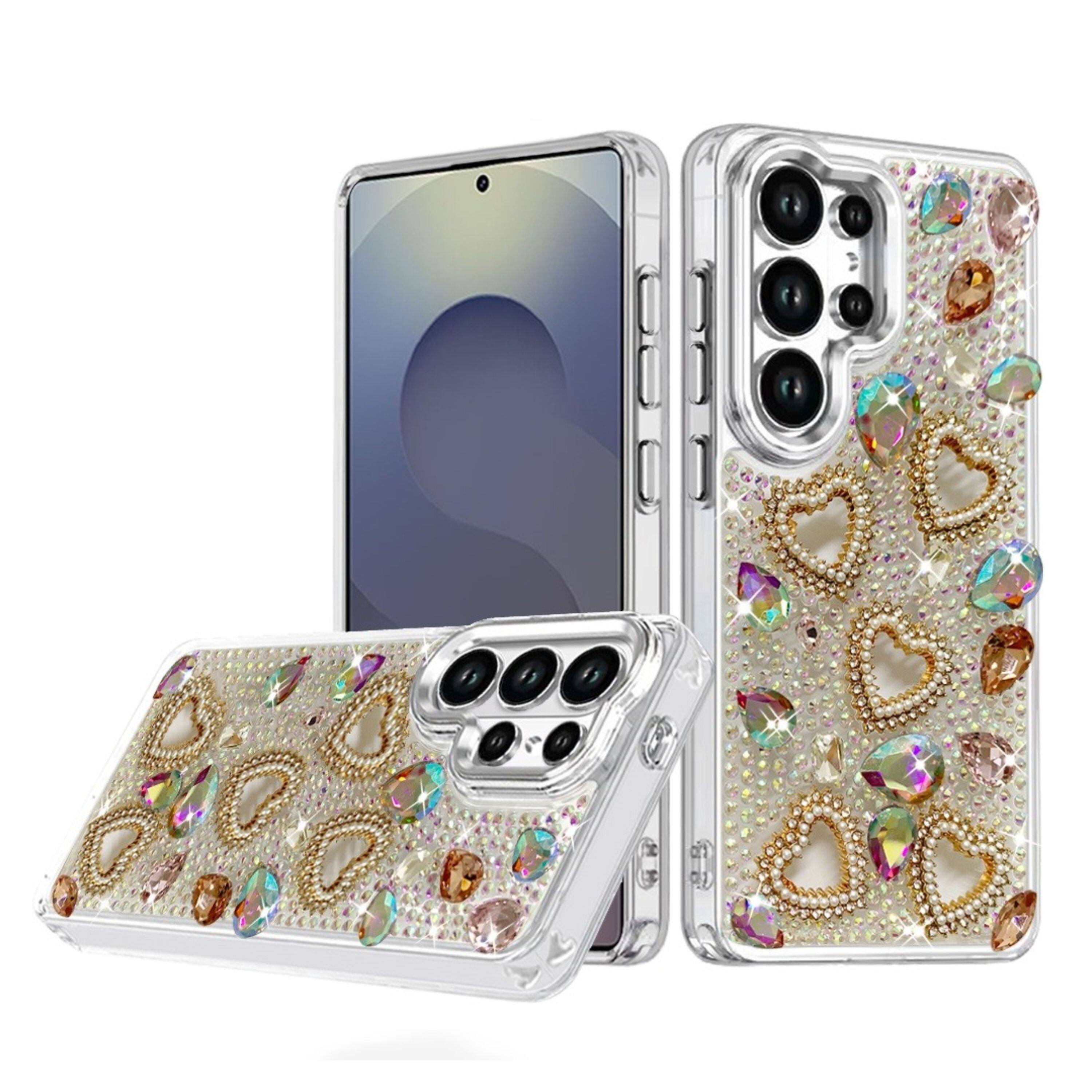 Angle. Kitcheniva - Hearts 3D Jewel Ornaments Phone Case With Tempered Glass For Samsung Galaxy S25 Ultra Multicolor - Multicolor.