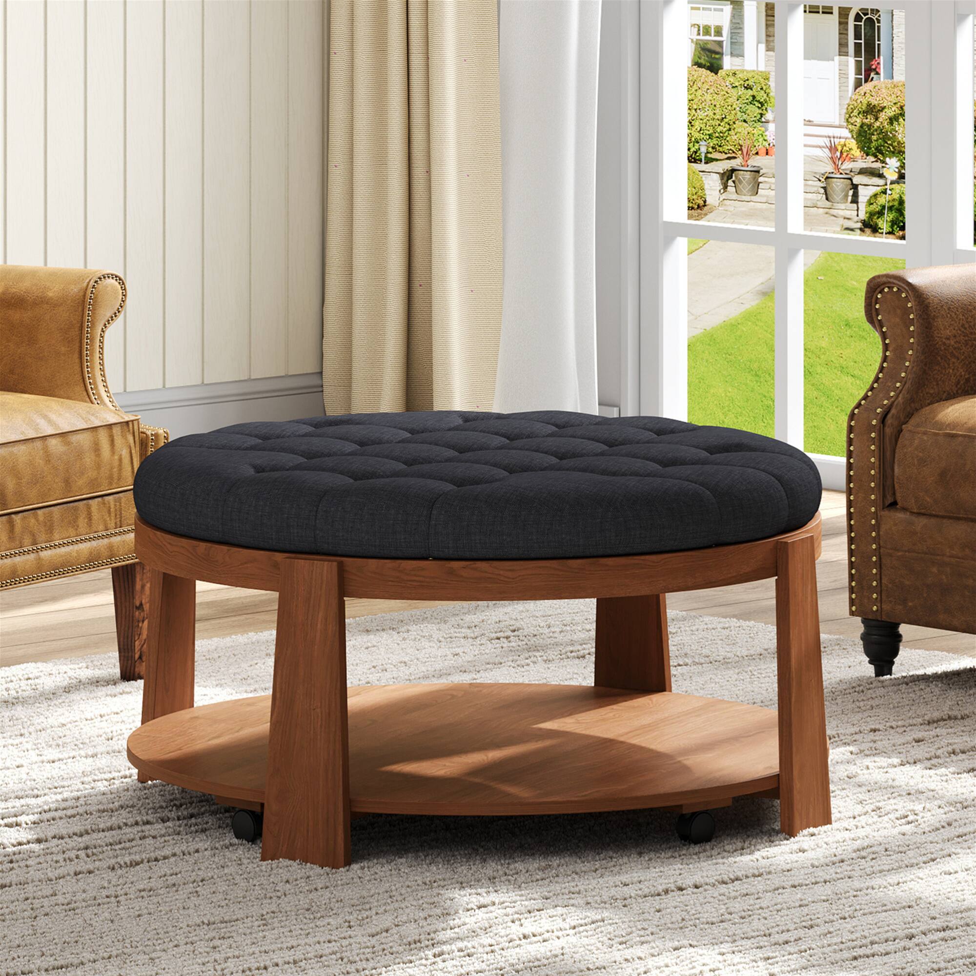 Back. GOODSILO - Large Round Ottoman Coffee Table with Storage Shelf and Wheels - Modern Tufted Upholstered Living Room Furniture - Black+Brown.
