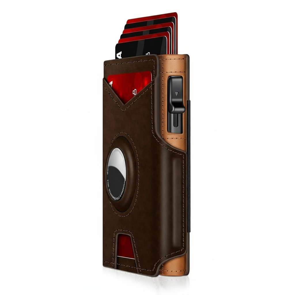 ZUQIETA - AirTag Wallet for Men - Aluminum Pop-Up Card Case with RFID & ID Window - CoffeeBrown